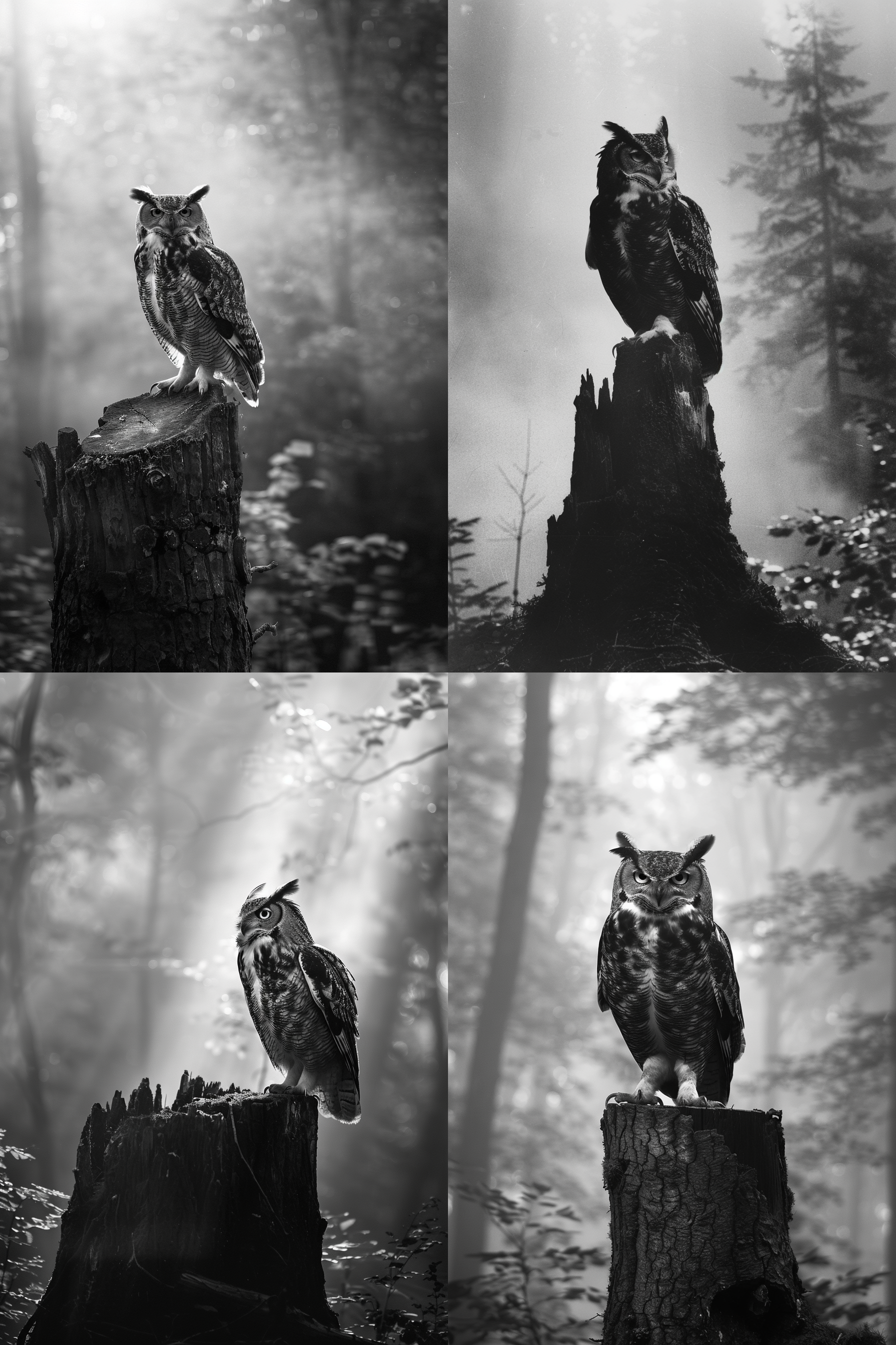 猛鸮站树桩，古老森林，黑白风格，远处朦胧，长焦镜头，逆光，凝视，神秘。 森林 环境光