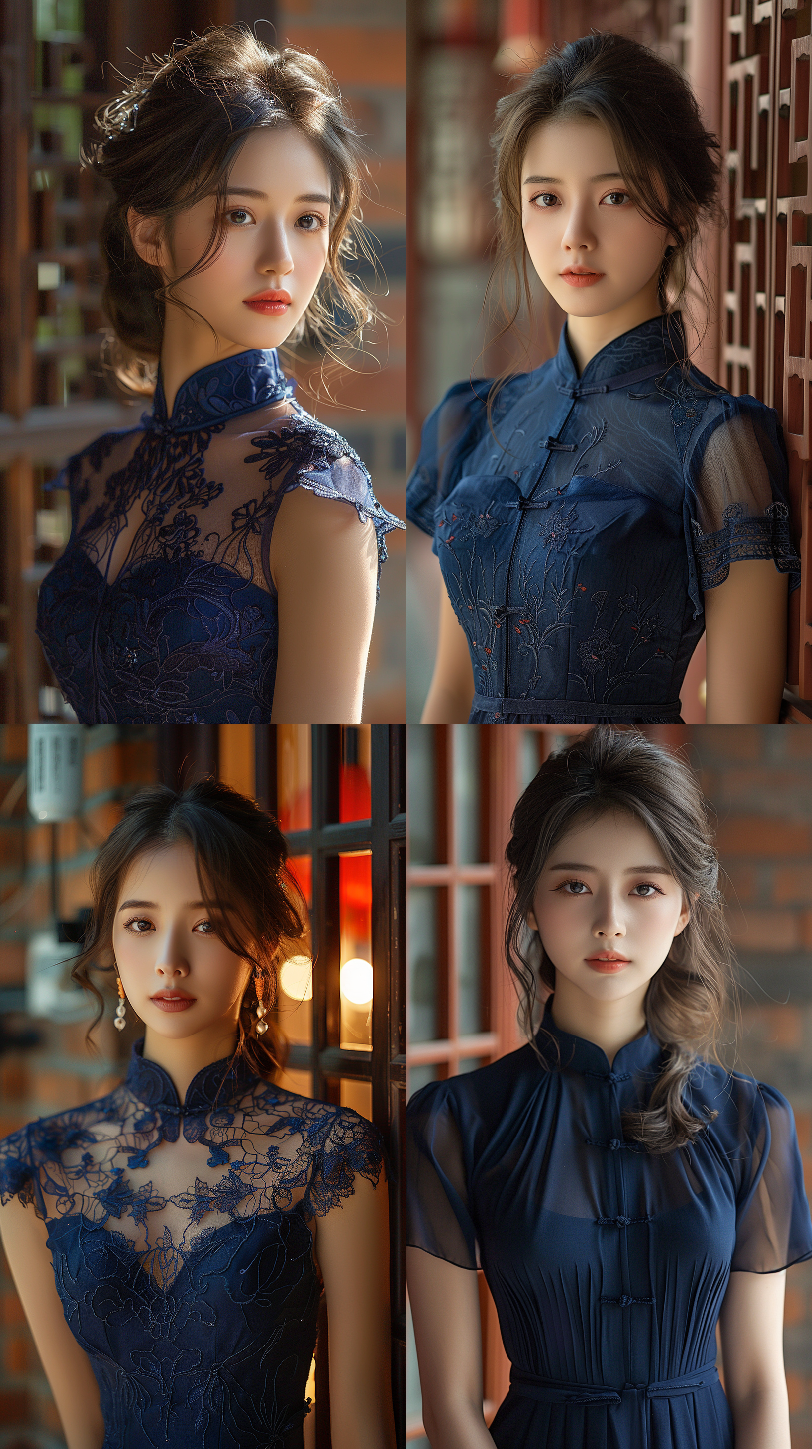 服装秀，中国女孩，20岁，端庄，高雅，藏青色旗袍，室外，红砖墙古建筑，柔和光线