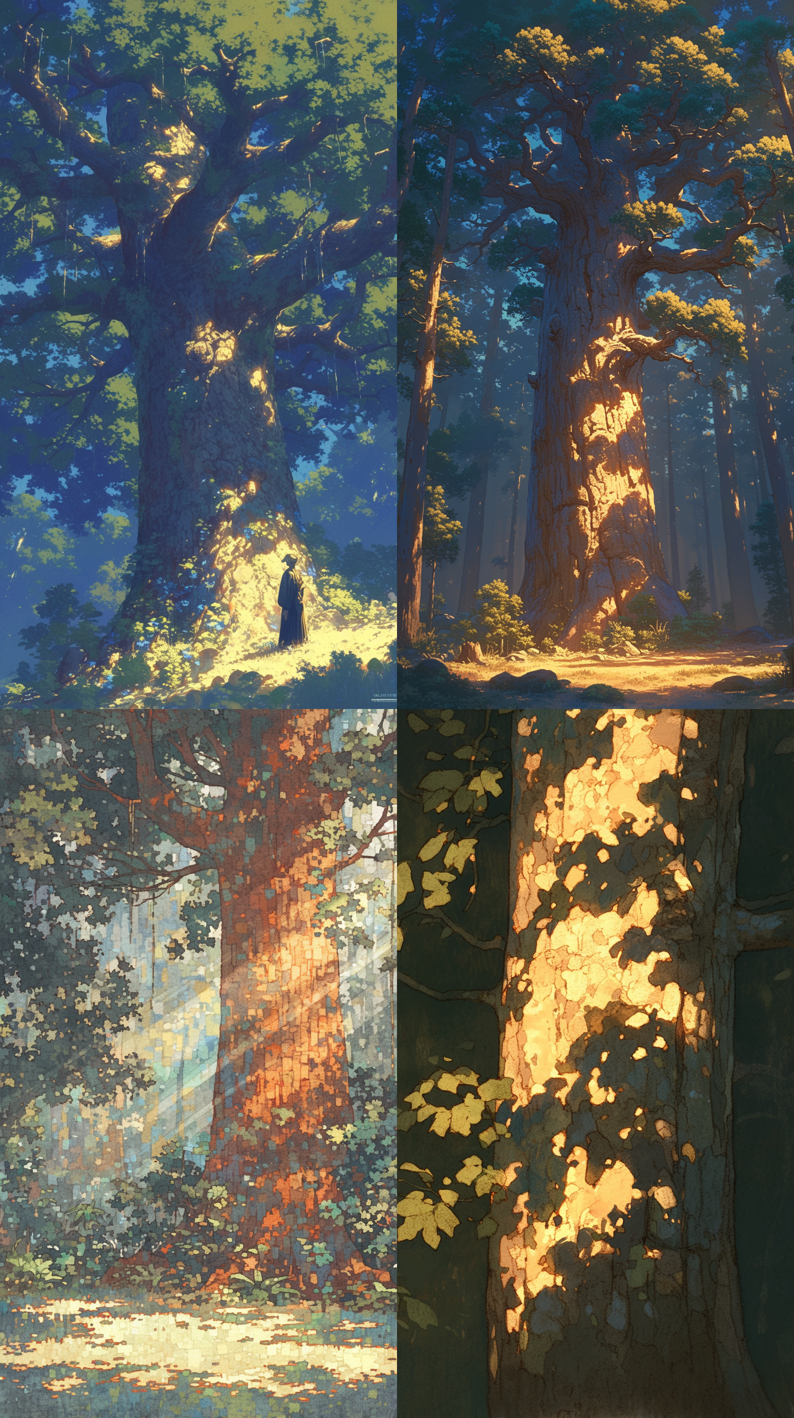 一棵参天大树，森林中，阳光光束，巨大树干，细节纹理，自然色调，宁静，孤独，树影，-style original