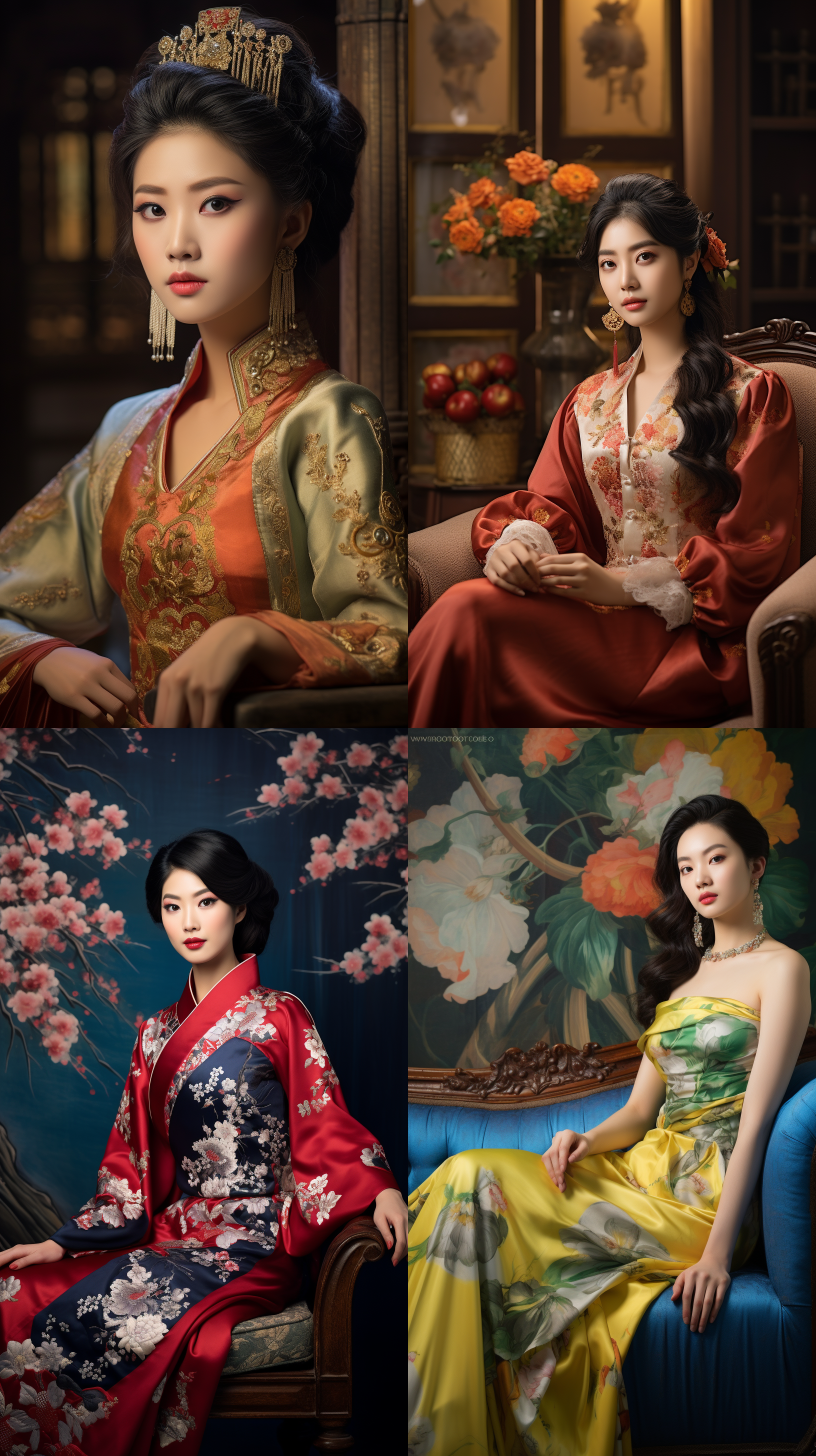 室内拍摄，明亮色调，中国模特穿着古典服装，侧面肖像，柔和光线，中焦镜头，端庄表情，优雅动作，传统元素，油画效果，温暖情感