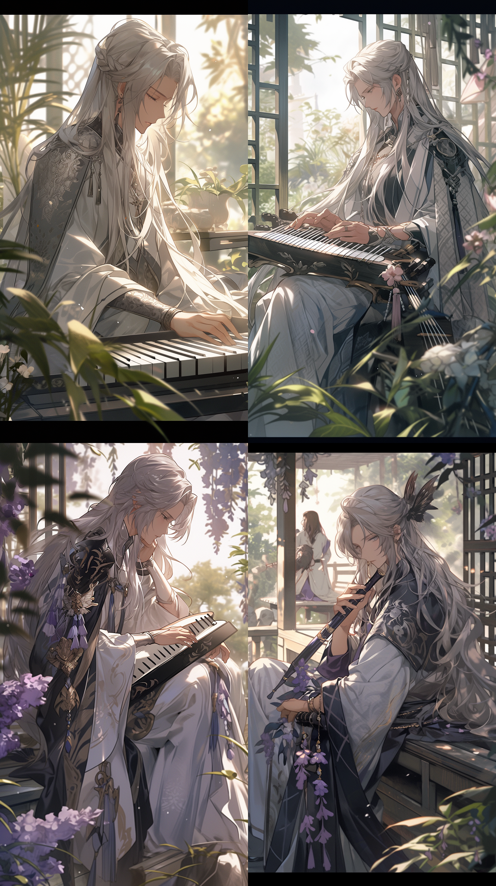 紫衣银发男性，端坐于庭院，阳光透过树叶洒在他身上。他手持古筝，目光专注，嘴角微微上扬。庭院中花草繁盛，风吹起叶子，画面充满生气。国风古韵，细腻的肤色，柔和的色调，背景虚化，透视构图，细致的纹路，自然光线，静谧，优雅，宁静。