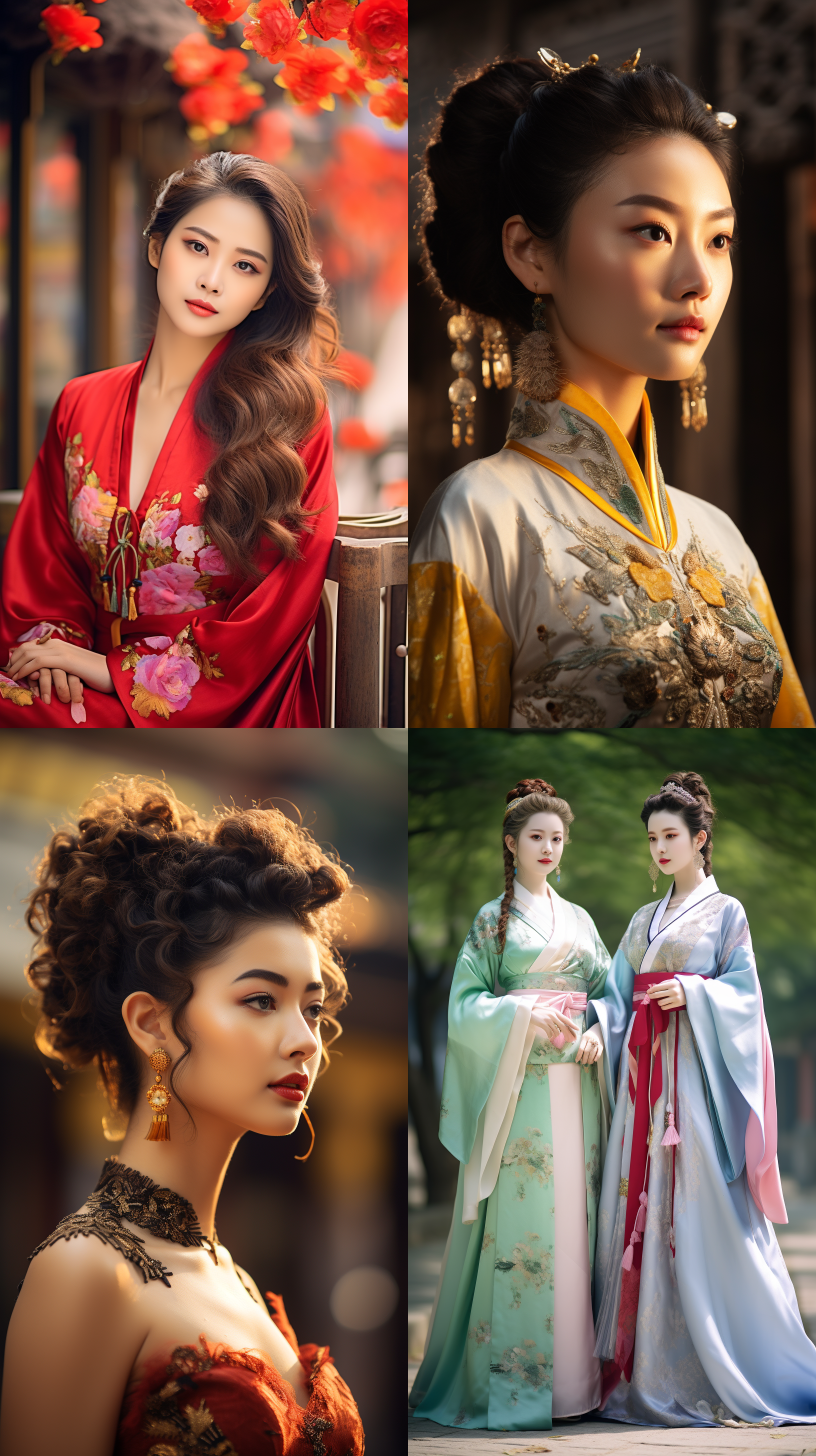 室外拍摄，明亮色调，中国模特穿着古典服装，侧面肖像，柔和光线，中焦镜头，端庄表情，优雅动作，传统元素，油画效果，温暖情感
