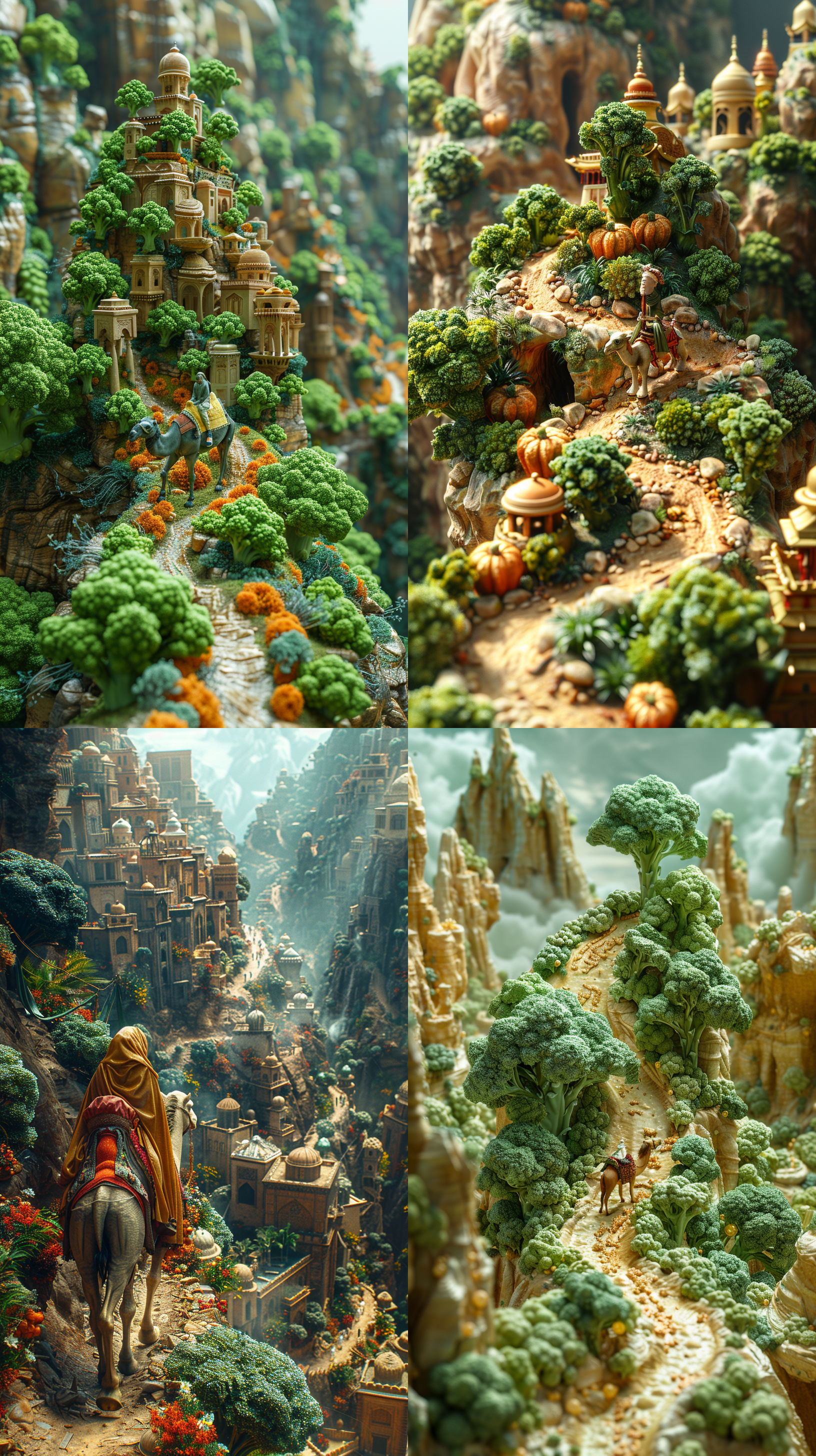 bird's eye view, food cover ad, broccoli forming the silk road, surreal broccoli material, a miniature man riding a camel on the road, green and orange, naturallight ad design poster, ad design image, big ambiance, movie po iivrpc4d, realistic details, movie lighting,