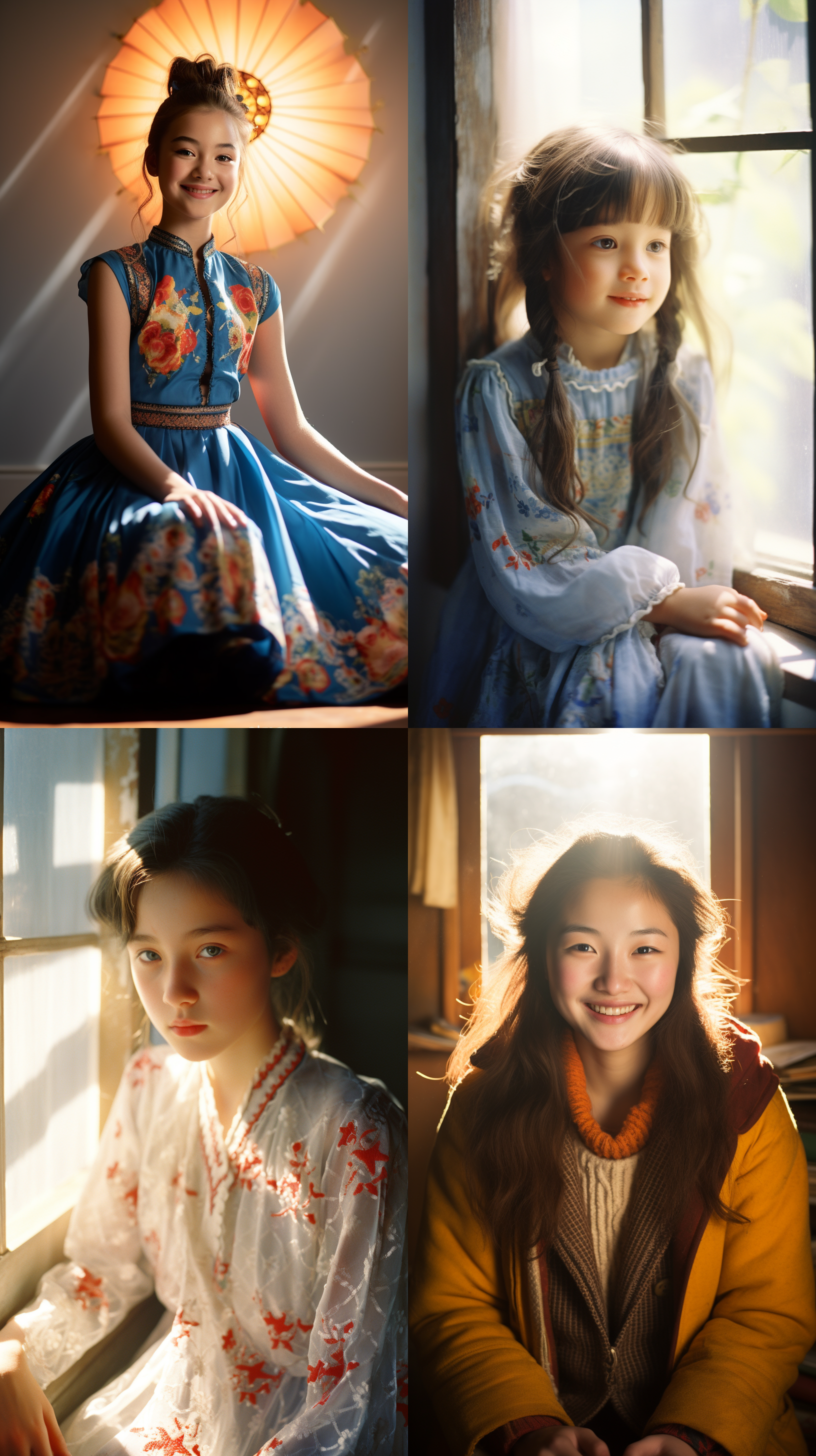 12岁中国少女，坐在明亮的房间里，肖像镜头拍摄，阳光透过窗户洒在她的脸上。她微笑着，眼神明亮而期待。照片采用明亮色调，突出她的纯真与活力。