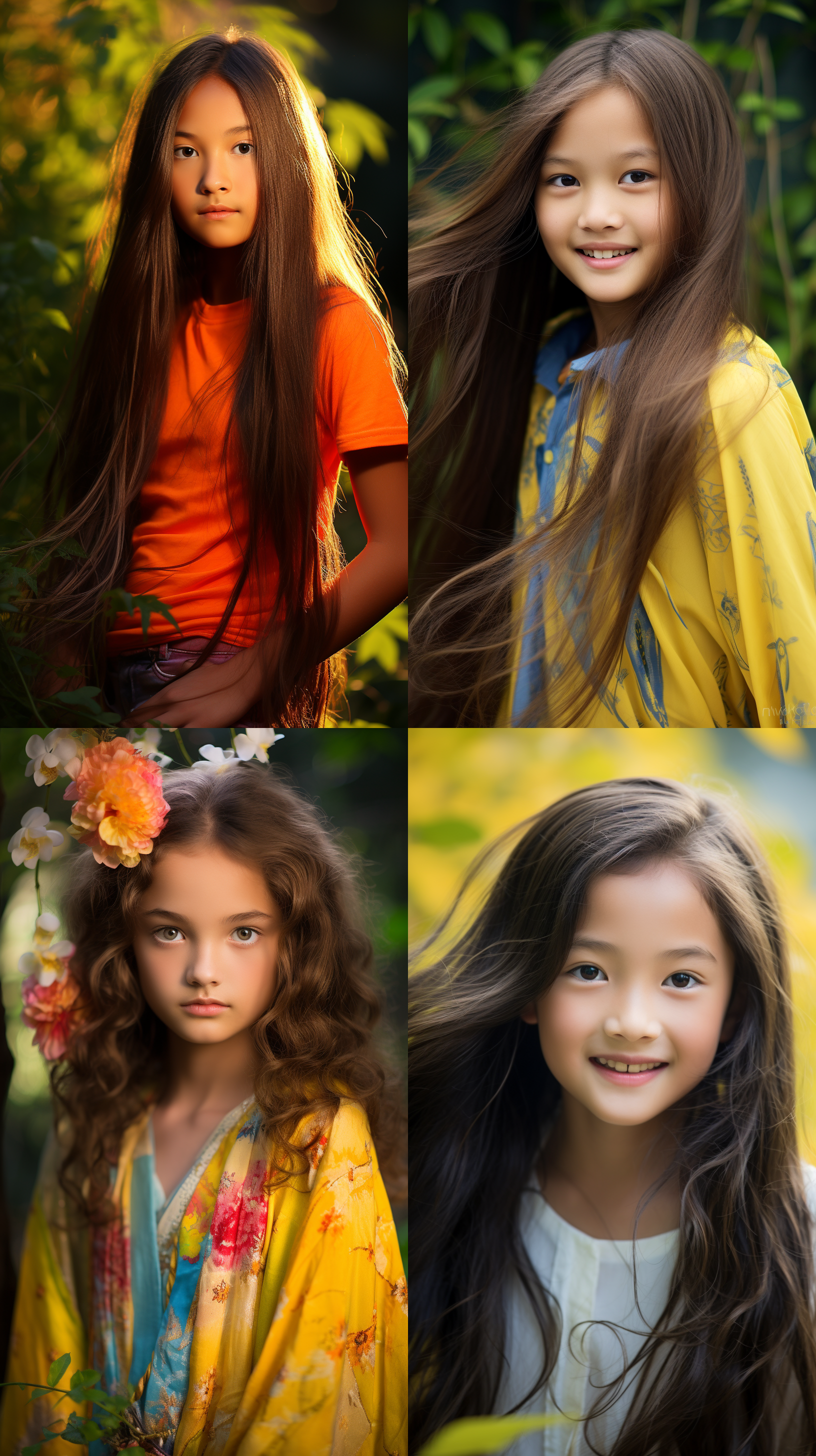 12岁中国少女，肖像镜头，明亮光线，花园中，明亮色调，微笑，长发飘逸，柔和焦外，自然表情，温暖色调，眼神明亮。