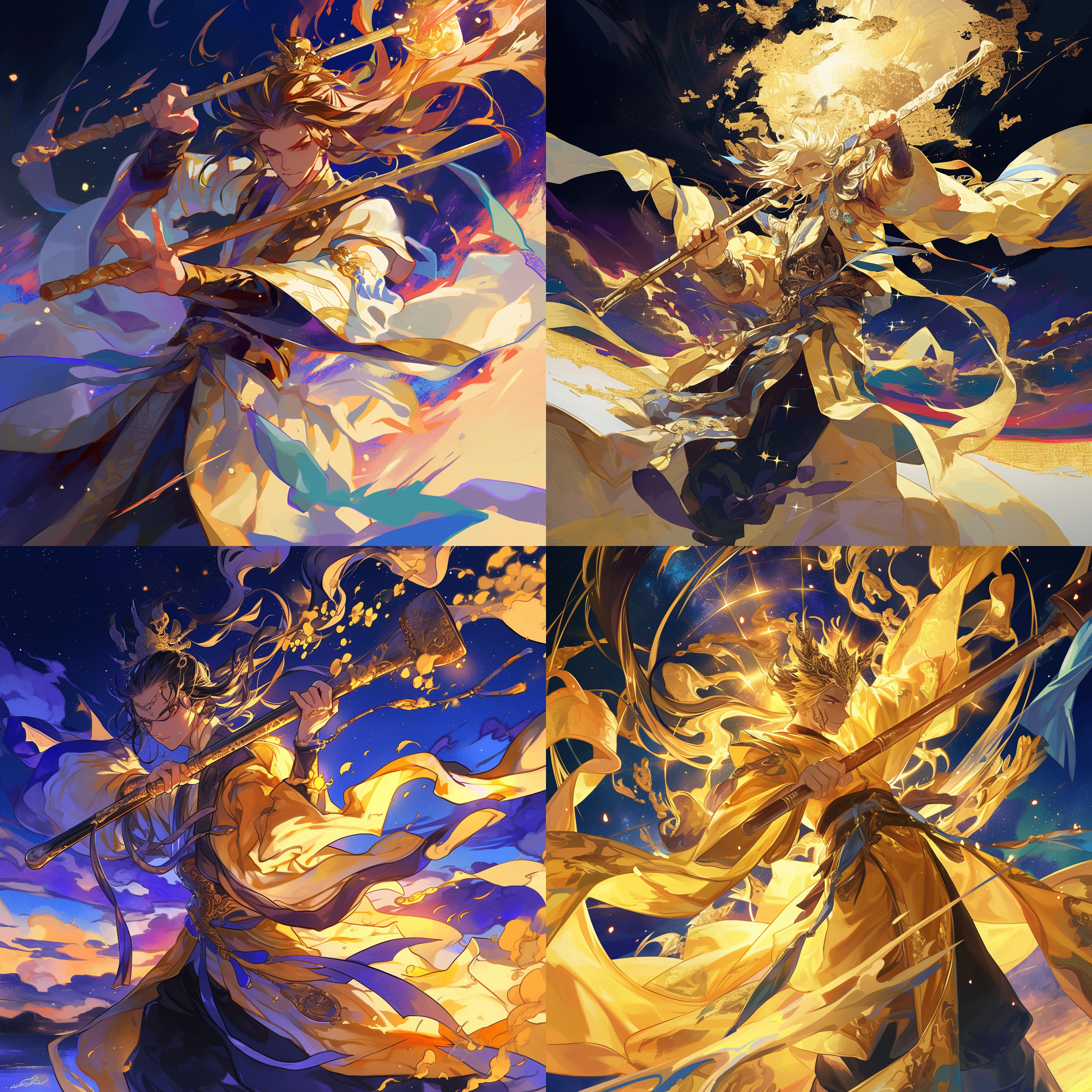 大圣挥棒，混沌中国风，漫天星辰，黑暗背景，金箍棒，阳光，鲜艳色彩，战斗姿态，自信表情。