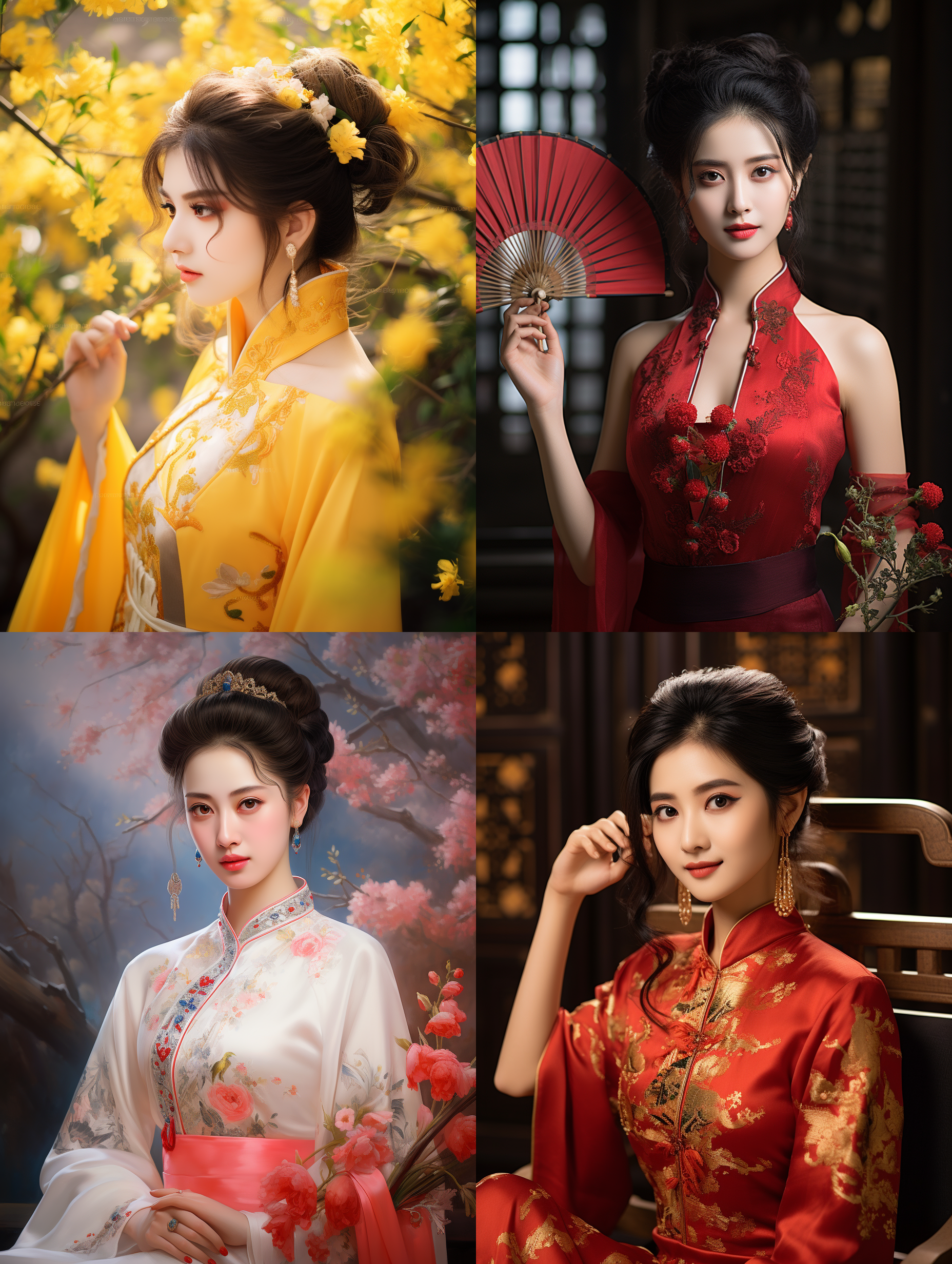 室外拍摄，明亮色调，中国模特穿着古典服装，侧面肖像，柔和光线，中焦镜头，端庄表情，优雅动作，传统元素，油画效果，温暖情感