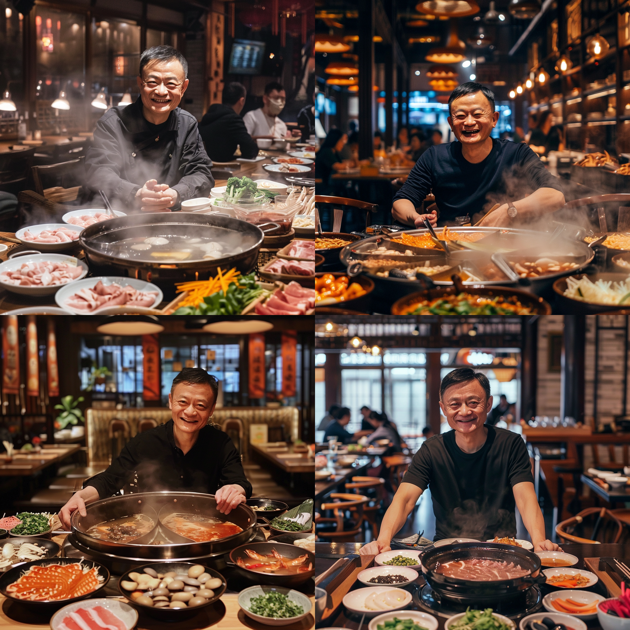 马云坐在成都一家知名火锅店内，周围摆满各种鲜美的火锅食材。他精神焕发，笑容满面