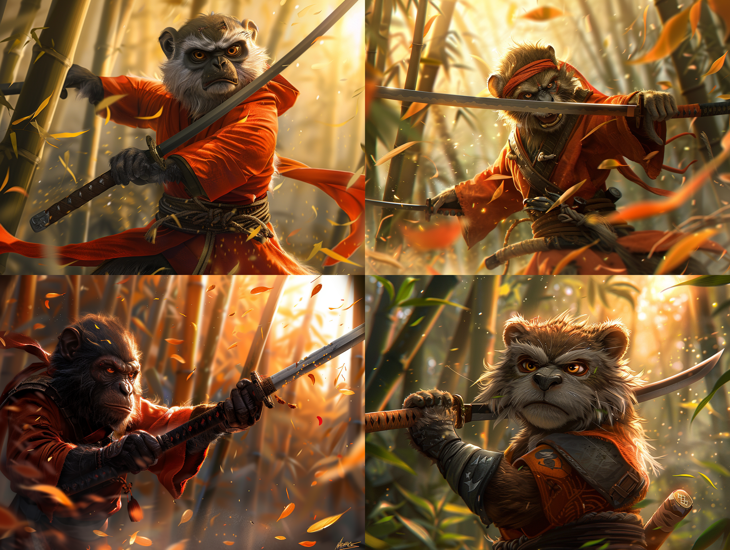 凶猛的猴子武士，竹林中，武士刀挥舞，精确动作，敏捷，专注表情，阳光斑驳，树叶沙沙，戏剧性角度，动态姿势，刀剑碰撞，紧张感，技巧感，线条错综，鲜艳色彩，日本浮世绘，3d。
