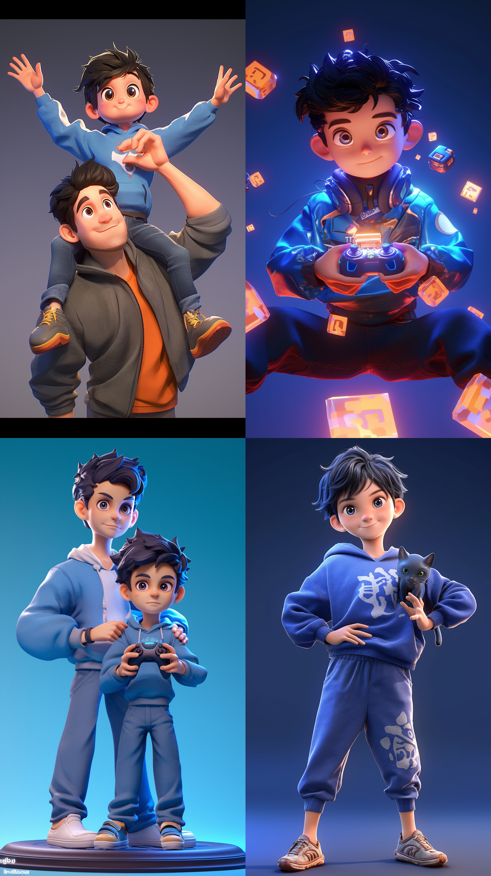 一个青年，一个男孩，一起在做游戏，黑色头发，蓝色衣服，动感姿势，蓝黑背景，细节丰富，全身展示，卡通ip风格，动感十足，柔和配色，3d建模c4d，超高清8k，梦幻元素，温馨感，玩具装饰，玩具，3d视图，皮克斯动画
