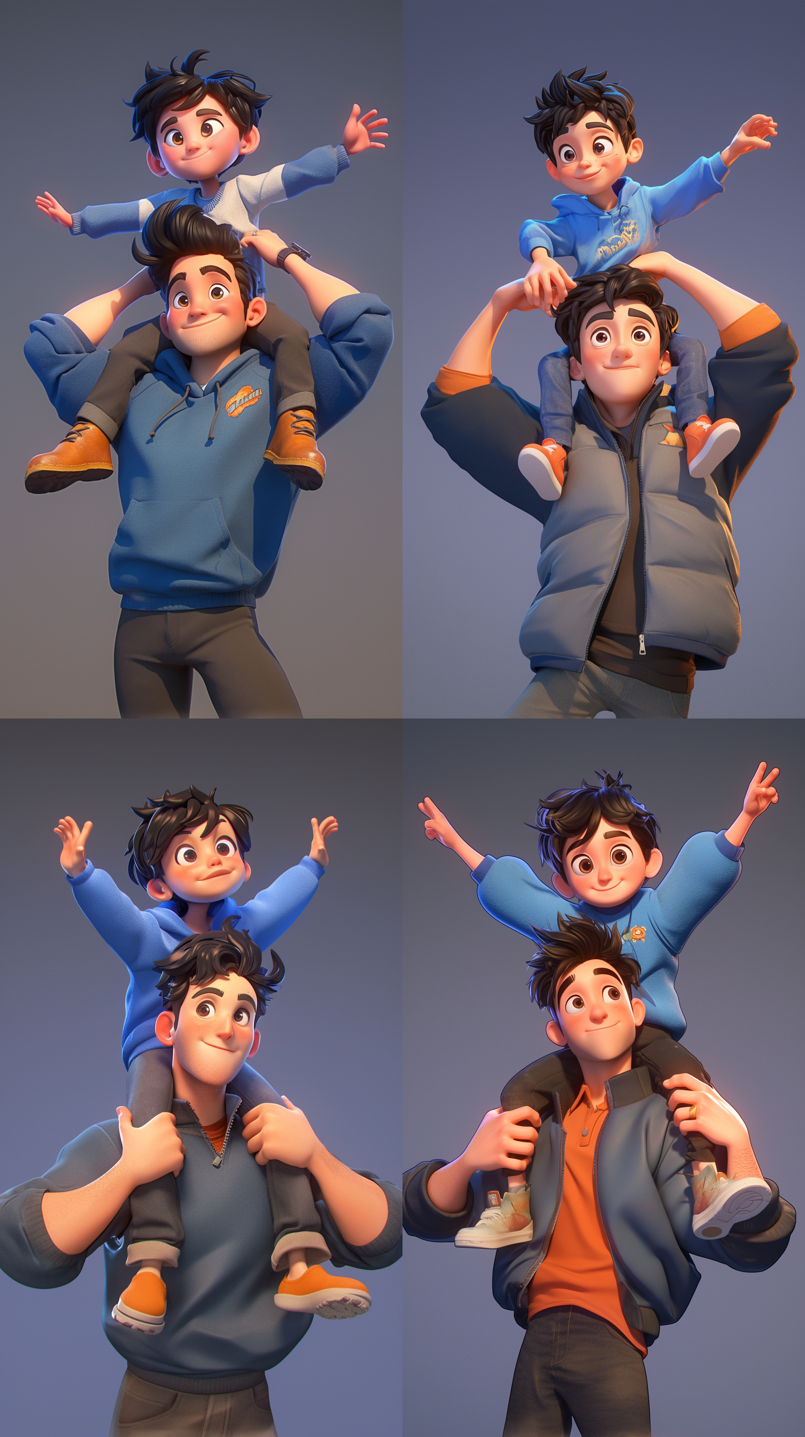 一个青年，一个男孩，一起在做游戏，黑色头发，蓝色衣服，动感姿势，蓝黑背景，细节丰富，全身展示，卡通ip风格，动感十足，柔和配色，3d建模c4d，超高清8k，梦幻元素，温馨感，玩具装饰，玩具，3d视图，皮克斯动画