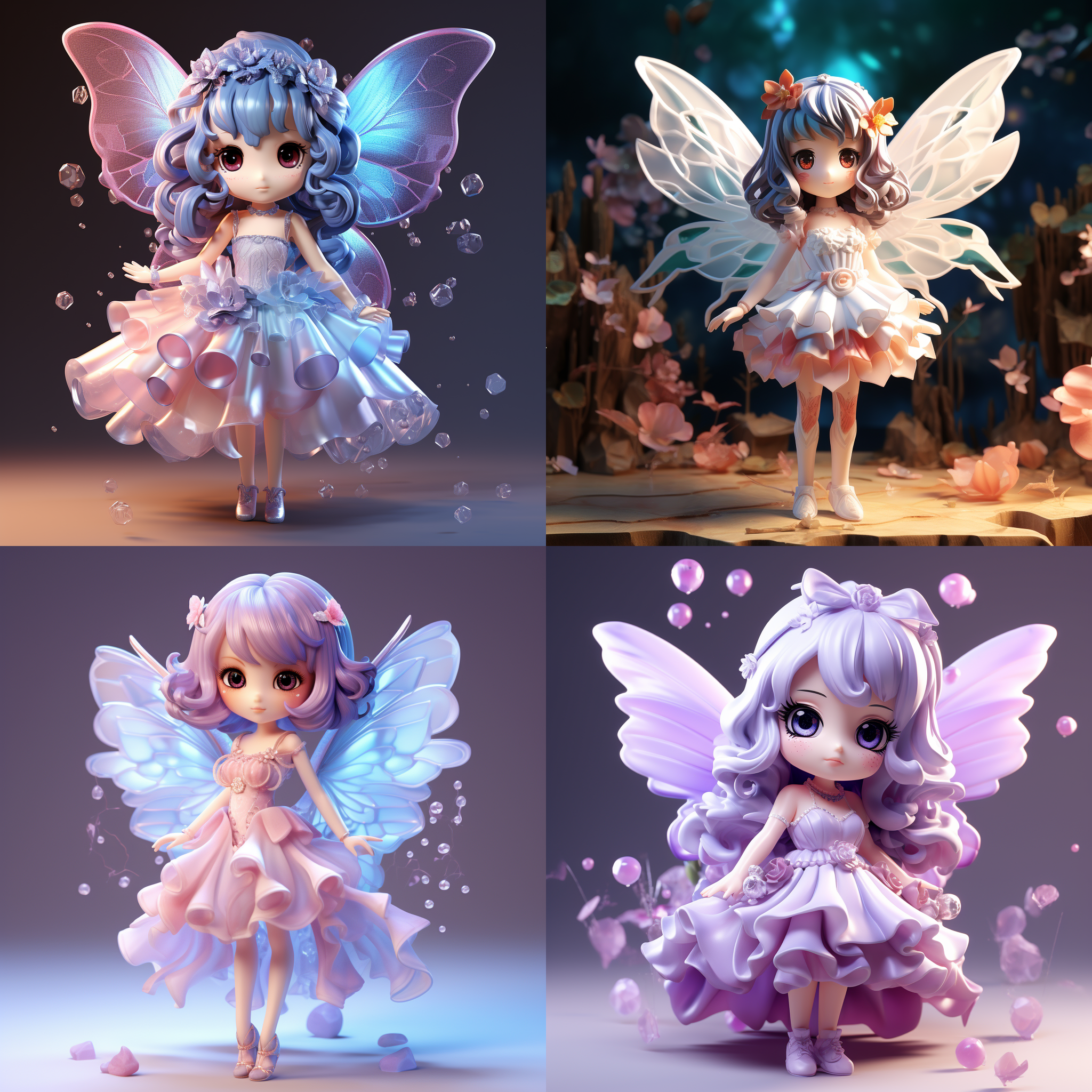 全身，摄影棚背景，可爱女孩，她有红色眼睛，她背后有紫色蝴蝶翅膀，穿着琉璃色纱裙，衣服是刺绣材料，毛绒娃娃的艺术风格，流行盲盒，娃娃是明亮的粘土材料，3d，oc渲染，全息，3d，blander，4k，超质量，高细节，高分辨率
