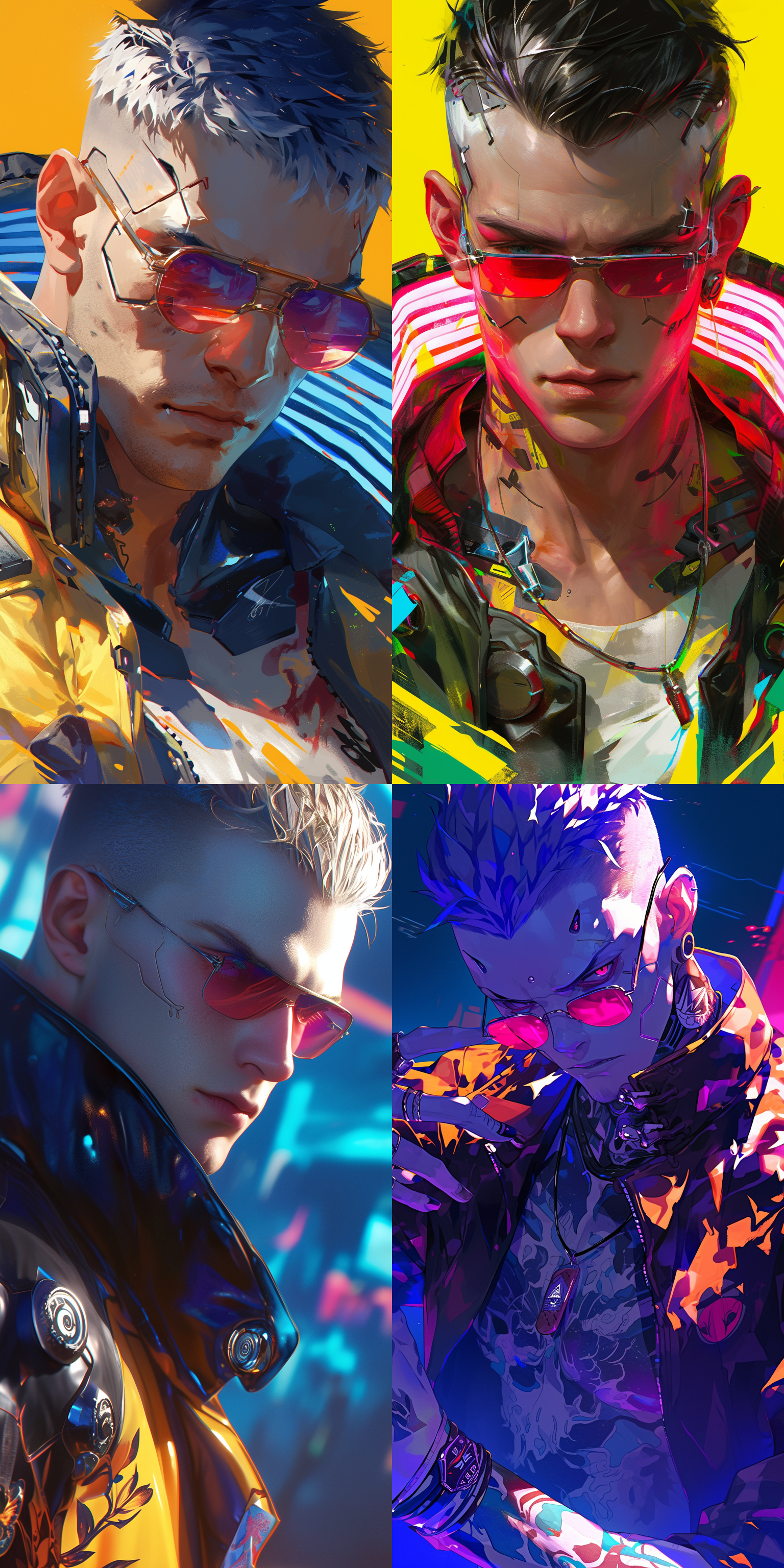 赛博朋克2077，超帅男生，精致面容 id，白皙的皮肤，朋克眼镜，朋克装扮，面部特写，中心构图，色彩鲜艳，明亮的光线，超高细节，超高清，32k