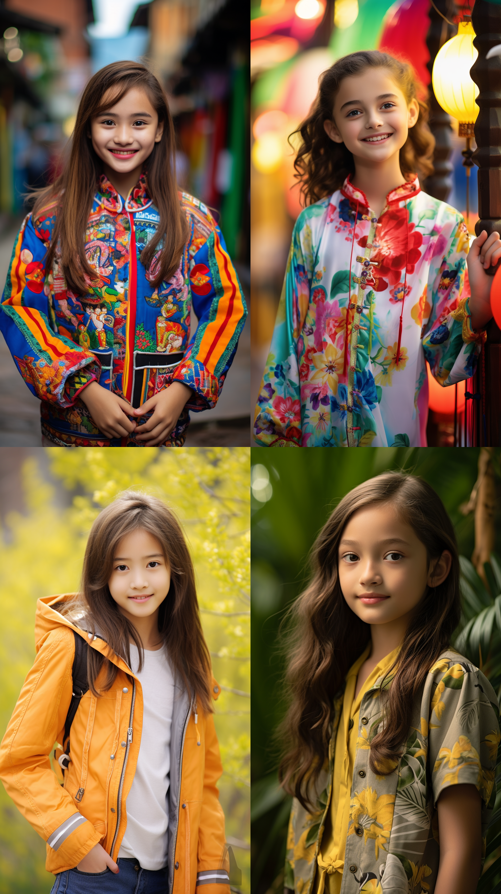12岁中国少女，肖像镜头，明亮光线，明亮色调，室外环境，微笑，清晰焦距，色彩丰富，活泼自然。