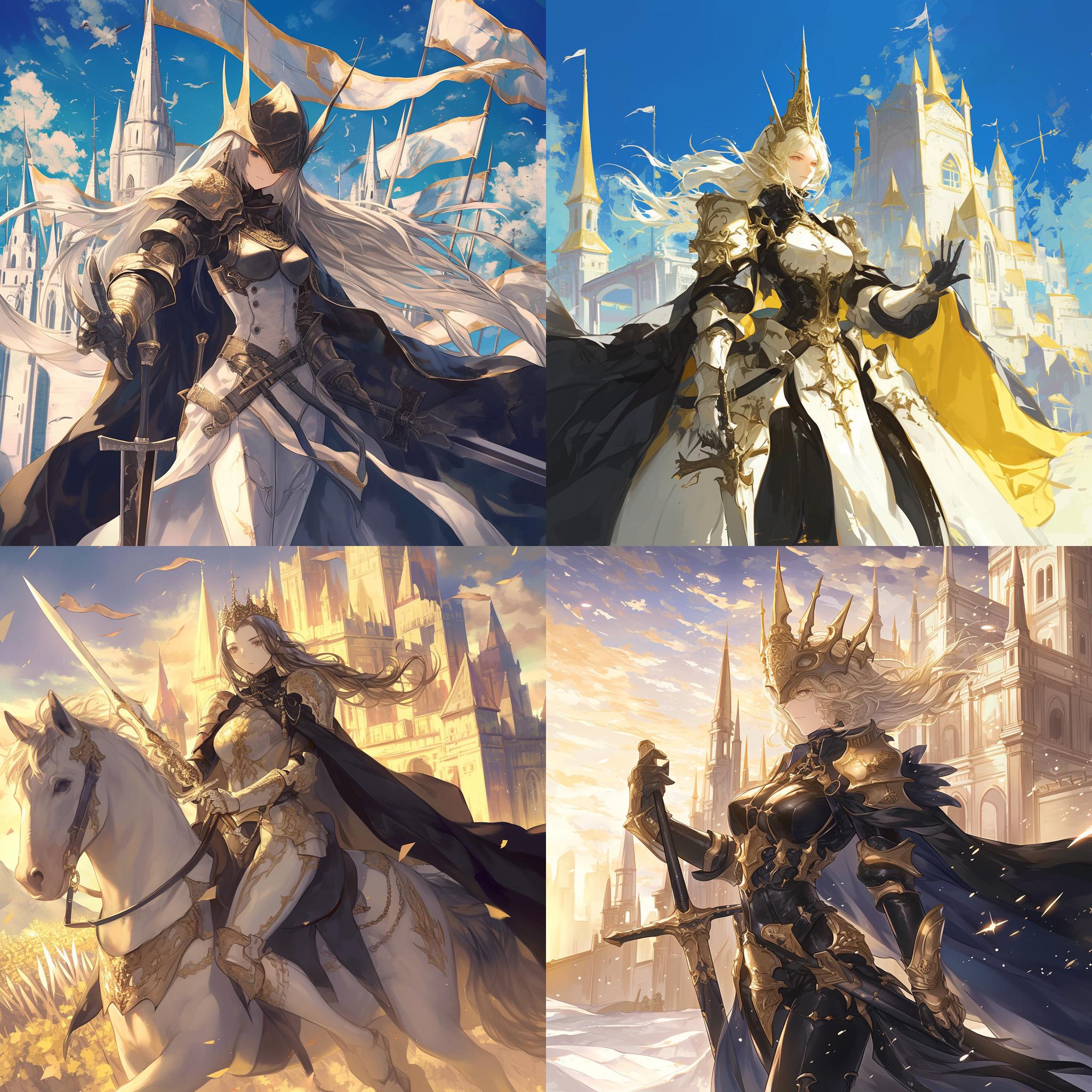 白色骑装，女将军，古堡前，英雄主义，中视角，战争场景，剑挥舞，坚定表情，金色头盔，动作凌厉，黑色披风，战斗情绪。
