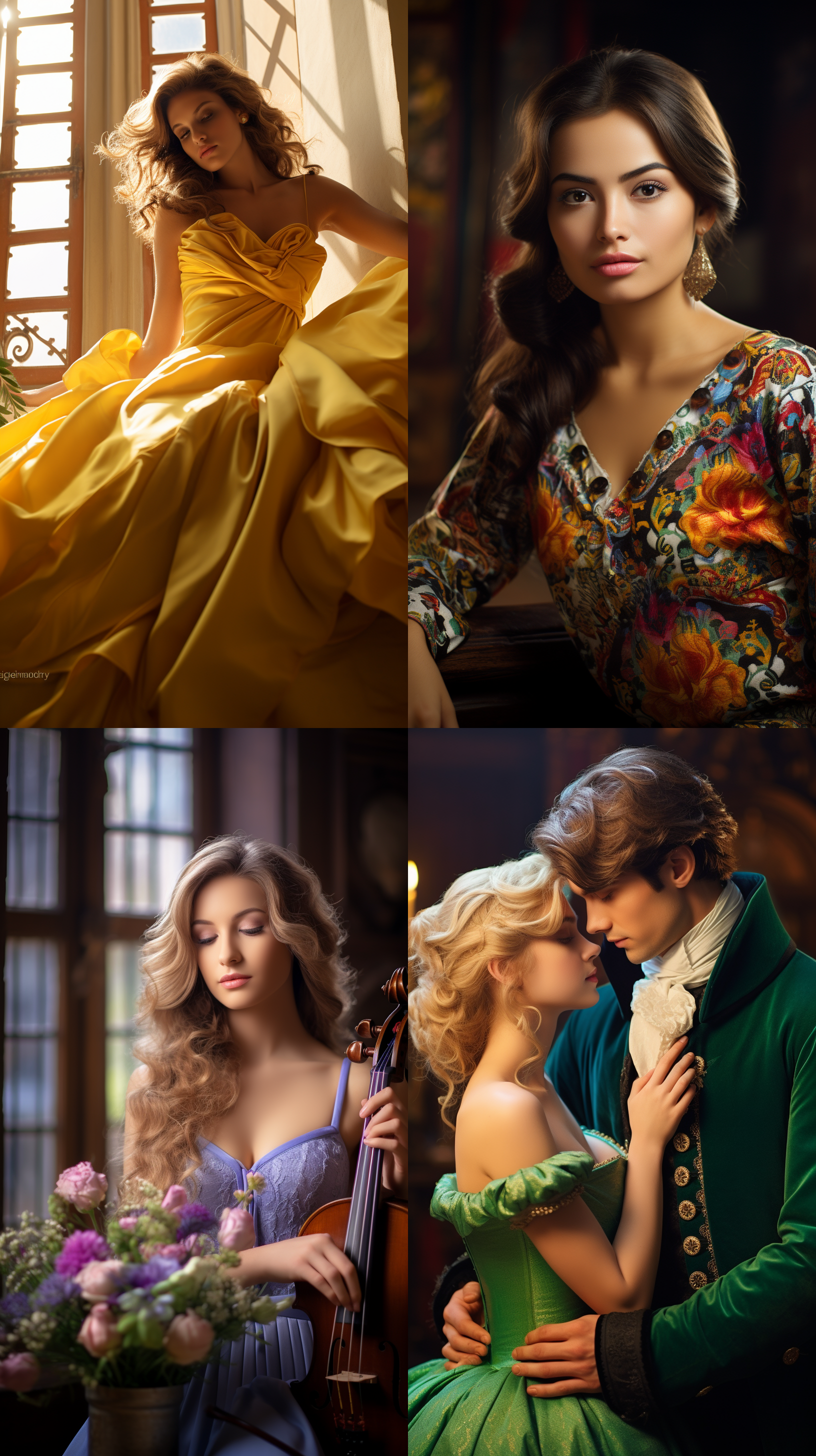 室内拍摄，明亮色调，模特穿着古典服装，侧面肖像，柔和光线，中焦镜头，端庄表情，优雅动作，传统元素，油画效果，温暖情感