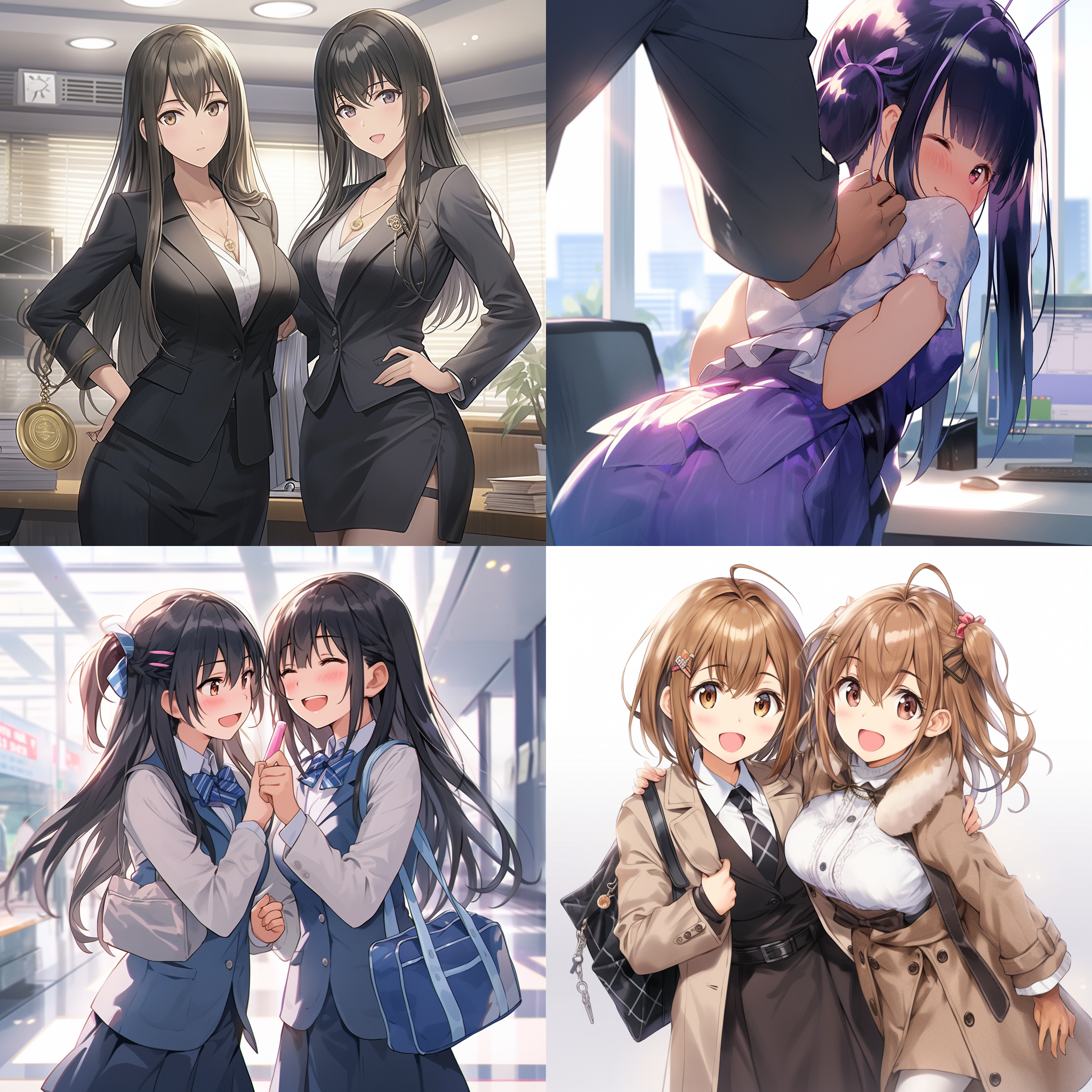 两个长发美女穿着职业服装抱在一起微笑，室内拍摄，柔和光线，浅景深，肩部特写，温暖色调，自然表情，友好互动，亲密。