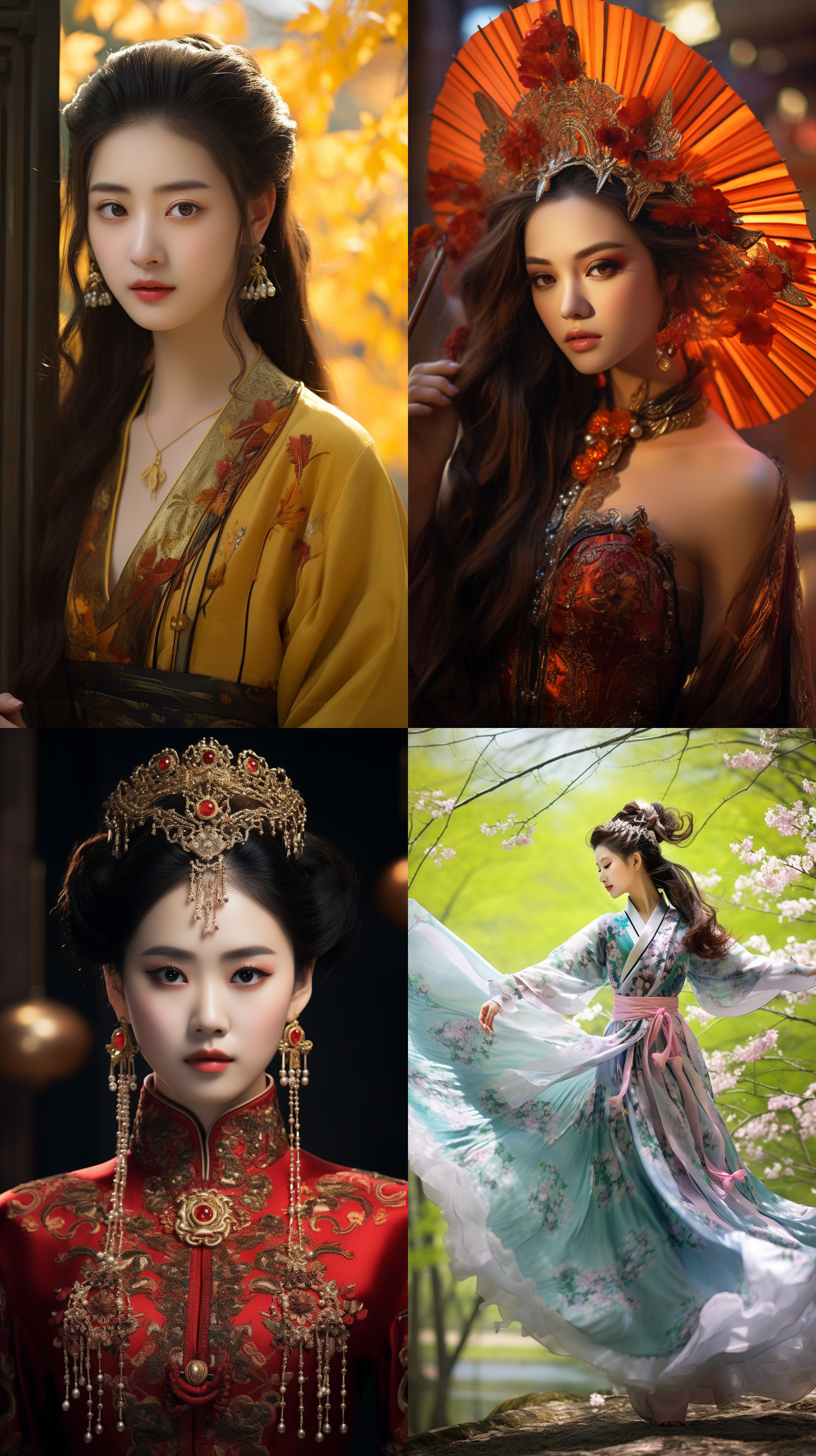 室外拍摄，明亮色调，中国模特穿着古典服装，侧面肖像，柔和光线，中焦镜头，端庄表情，优雅动作，传统元素，油画效果，温暖情感