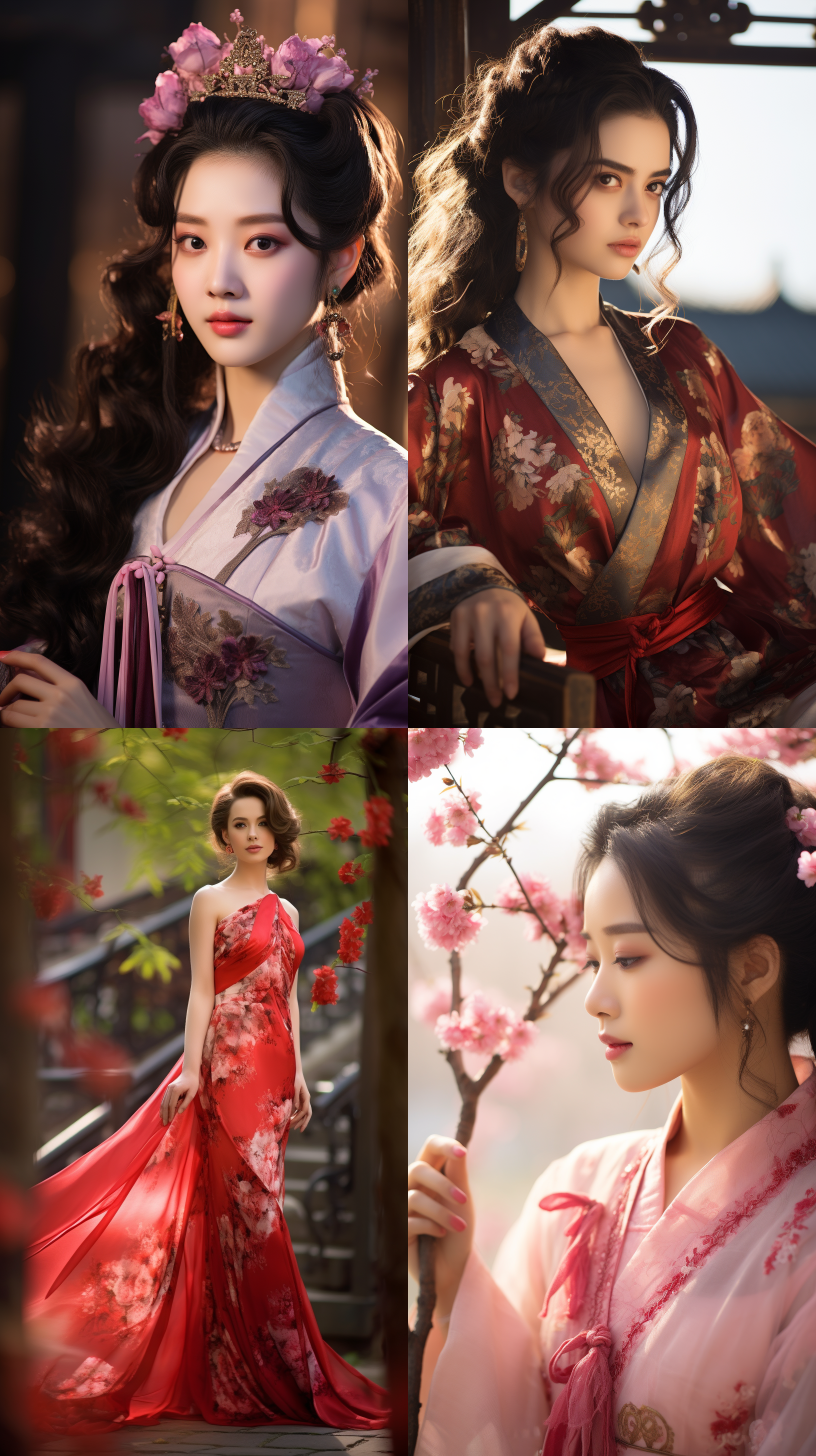 室外拍摄，明亮色调，中国模特穿着古典服装，侧面肖像，柔和光线，中焦镜头，端庄表情，优雅动作，传统元素，油画效果，温暖情感