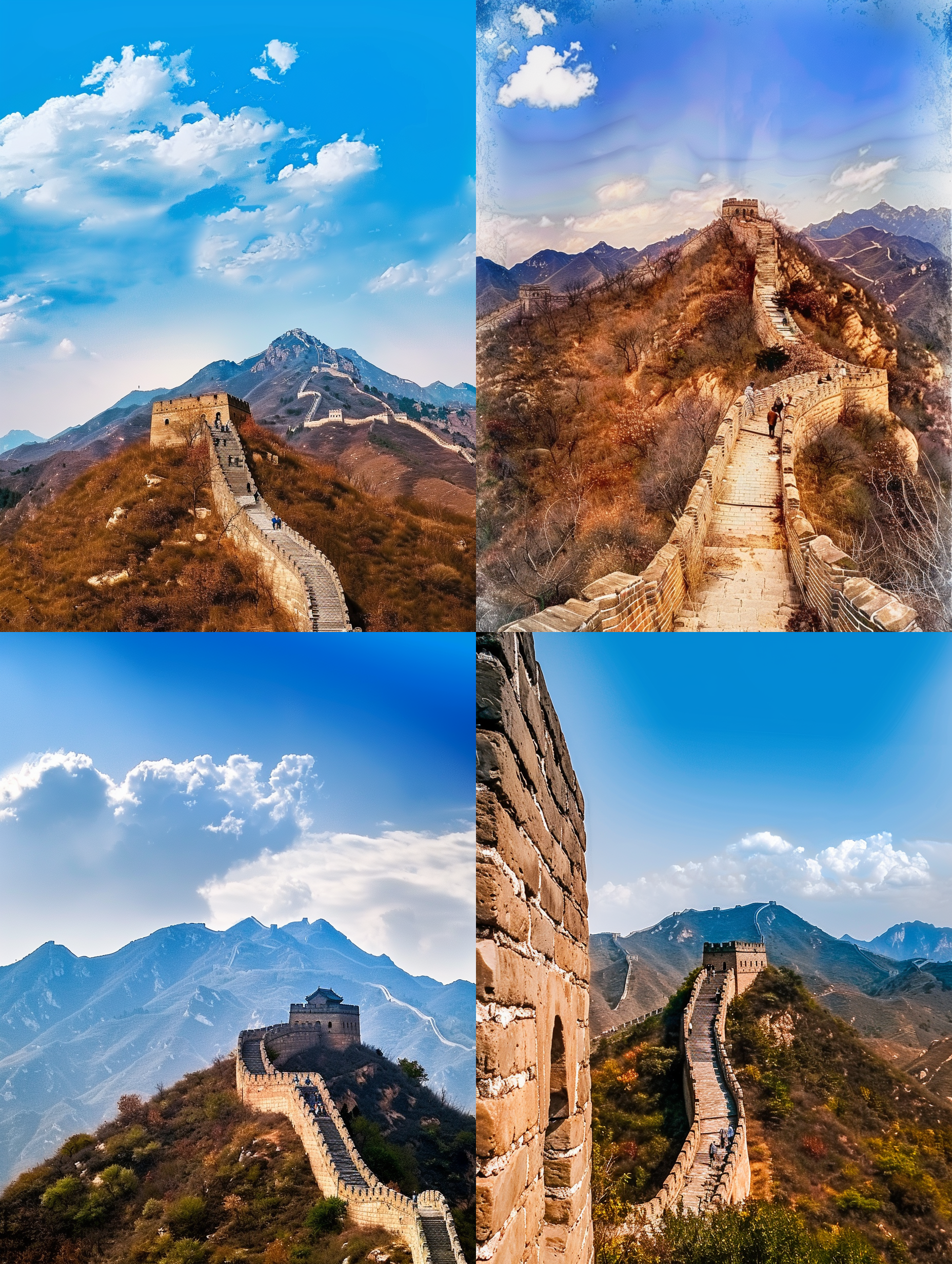 八达岭长城，雄伟壮丽，山脉背景，蓝天白云，远景构图，中焦镜头，自然光，静态，画面细腻，有质感。 长城