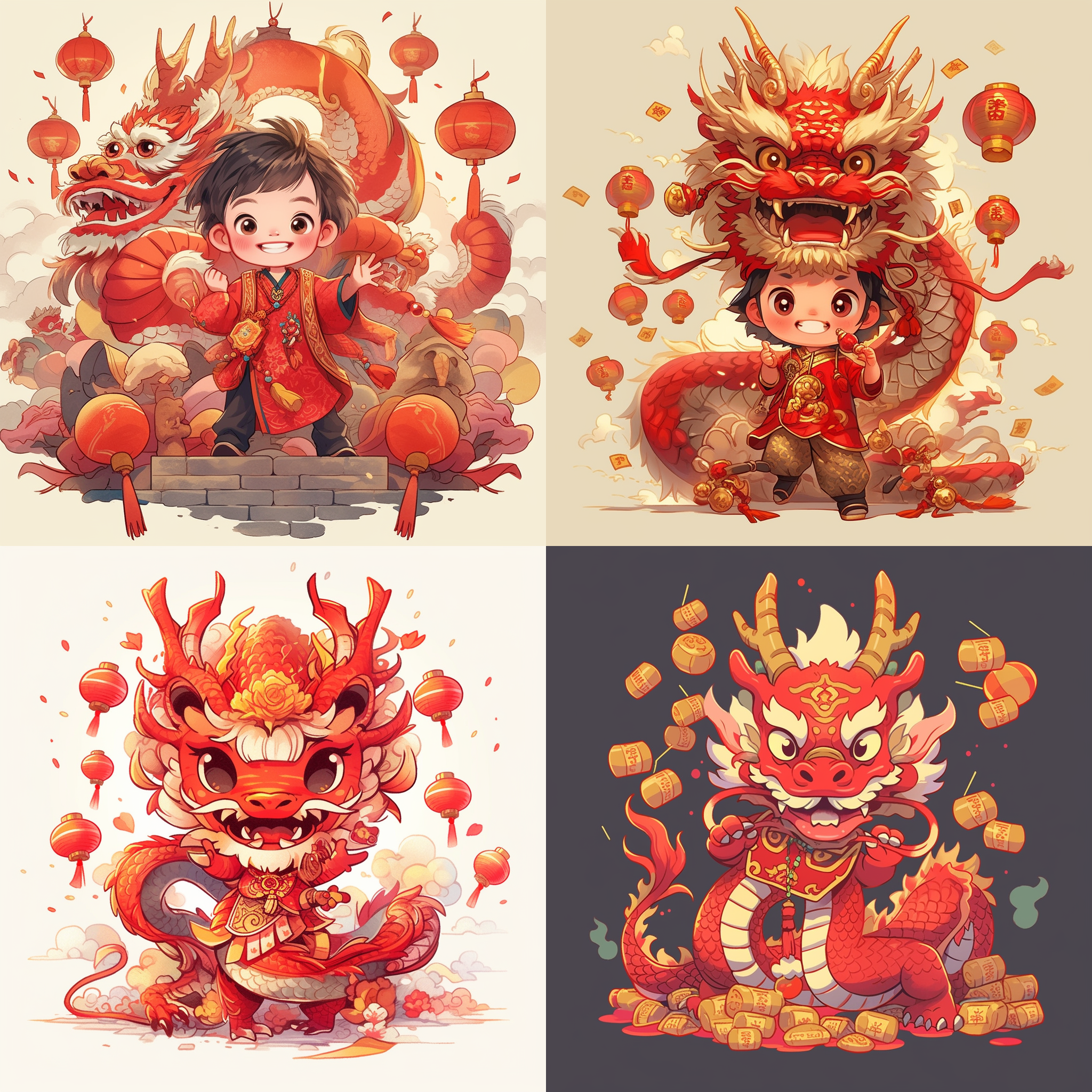 绘画一只可爱的中国小金龙，小金龙要拟人化，穿着淡金色的棉衣，手上拿着一张方形的红纸，四周有红色的灯笼和古铜色的铜钱，有新年的喜庆感，矢量设计，600dpi