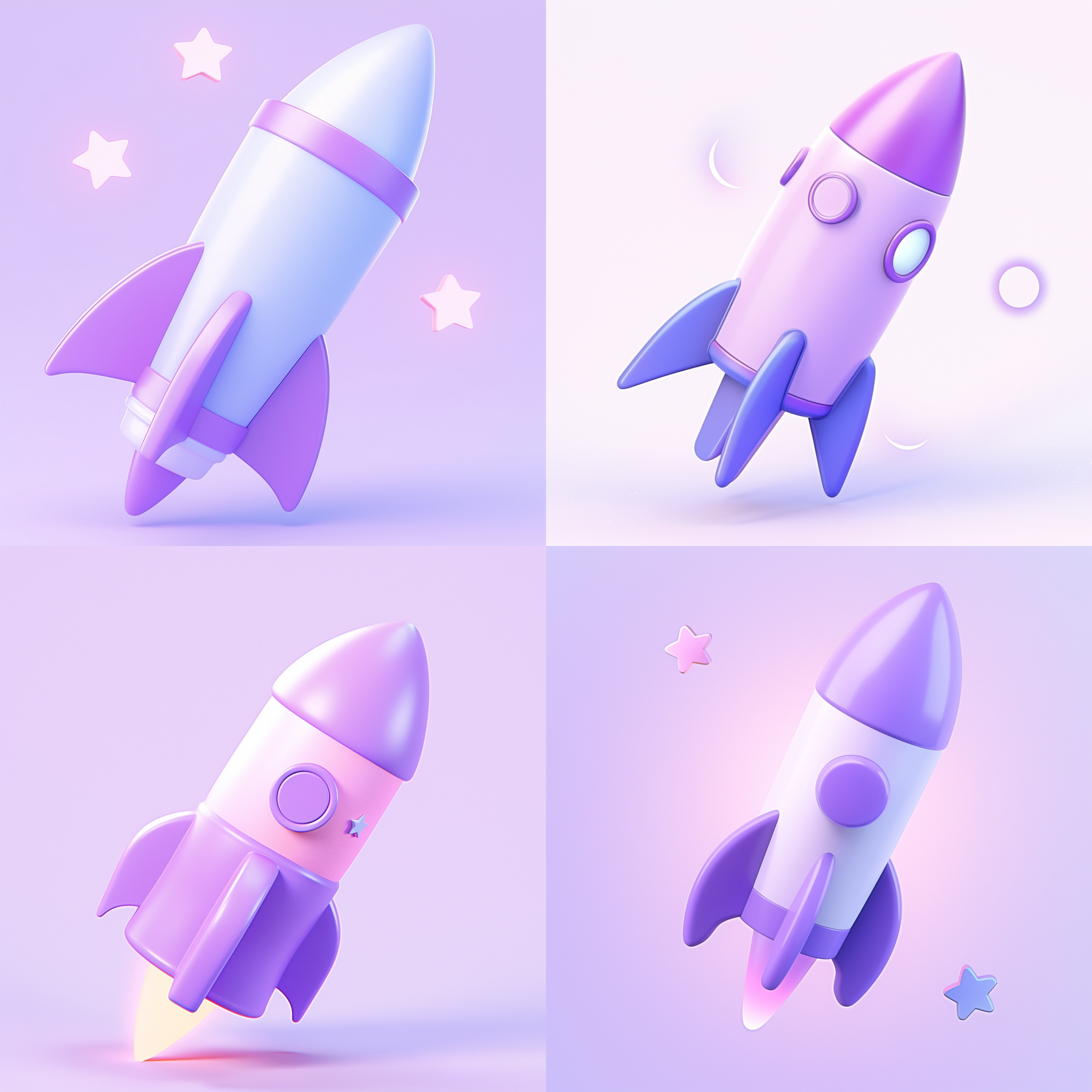 可爱的 3d 火箭图标，极简风格，紫蓝色，白色背景，超现实，磨砂效果，细节清晰