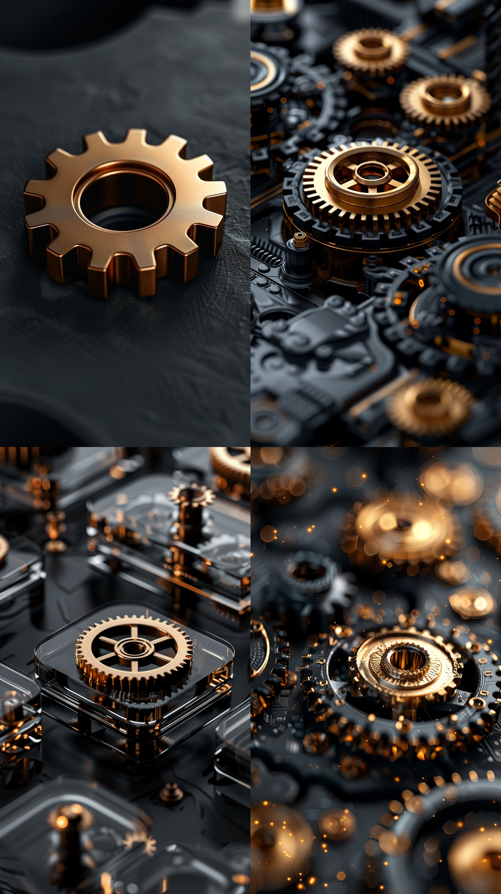 移轴，渐变的黑色和金色，明暗对比，透明的磨砂，3d图标渲染，转动的齿轮，干净背景，3d等距，砂玻璃，机械风格，极简主义