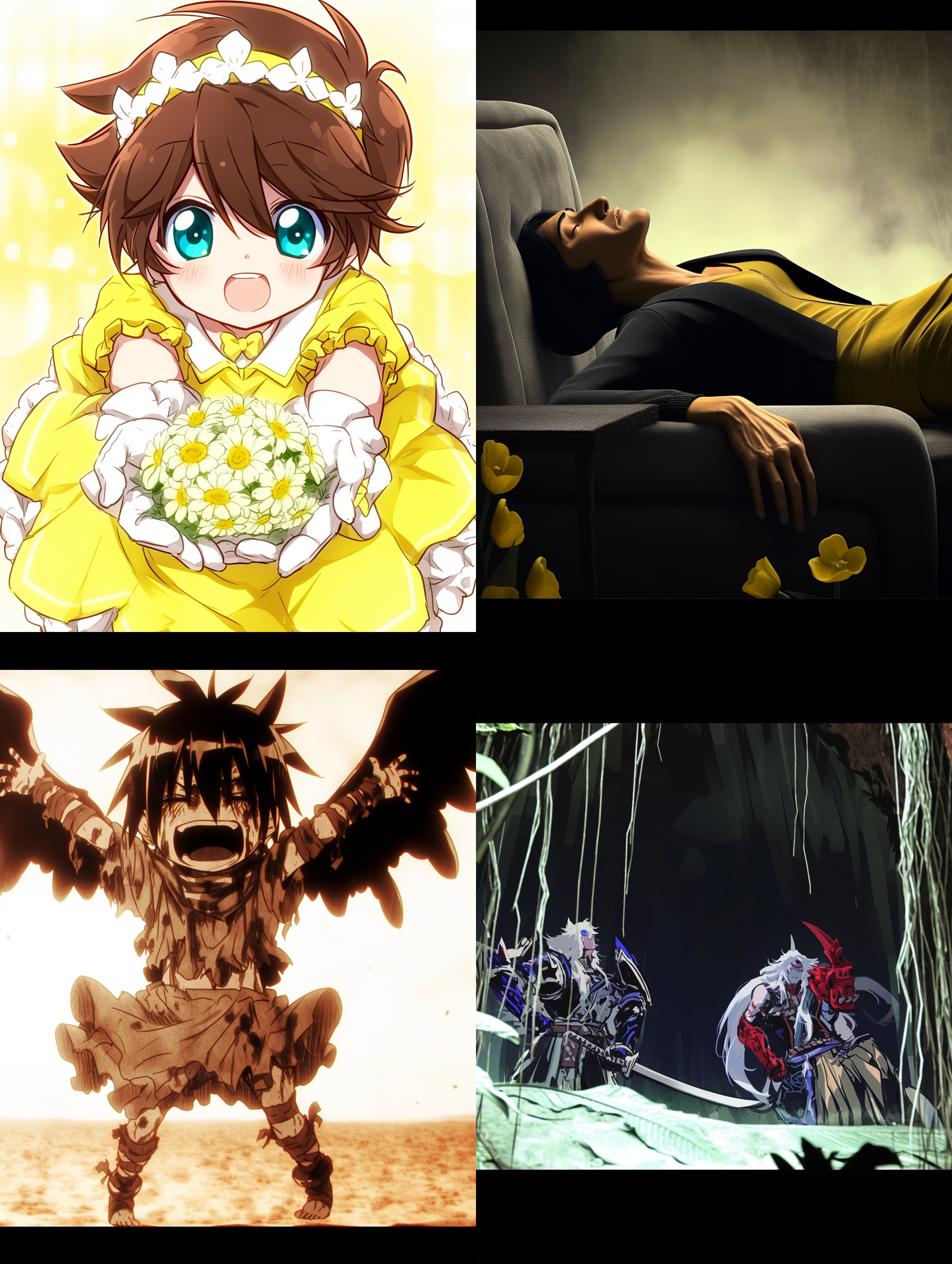 bird's-eye view,(视角) an asian girl on the grassland, with a happy expression and delicate facial features, wearing a pleated skirt, a yellow open necked sweater top, dopamine color scheme, flowers, ambient light, and high-definition