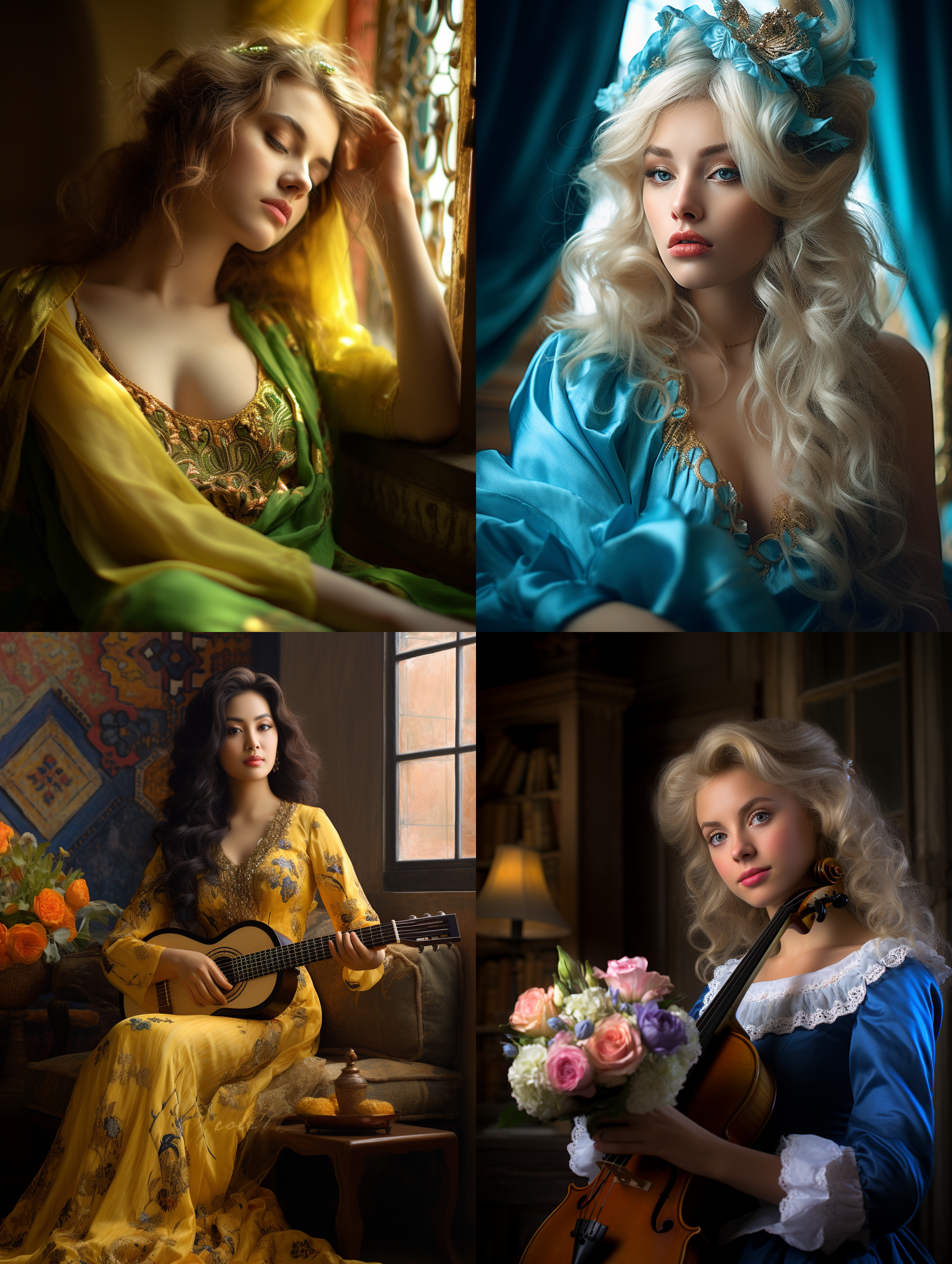 室内拍摄，明亮色调，模特穿着古典服装，侧面肖像，柔和光线，中焦镜头，端庄表情，优雅动作，传统元素，油画效果，温暖情感