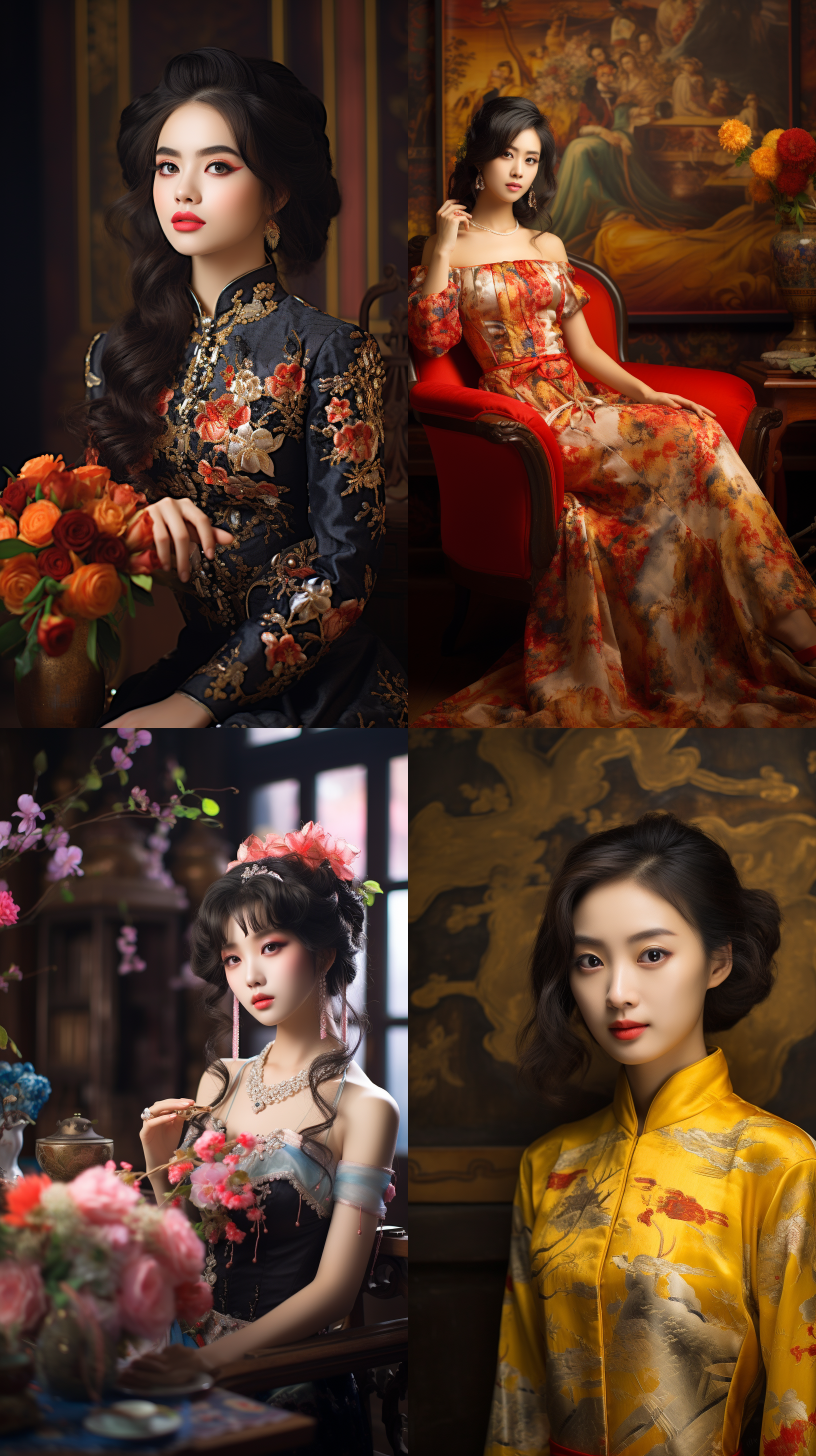 室内拍摄，明亮色调，中国模特穿着古典服装，侧面肖像，柔和光线，中焦镜头，端庄表情，优雅动作，传统元素，油画效果，温暖情感