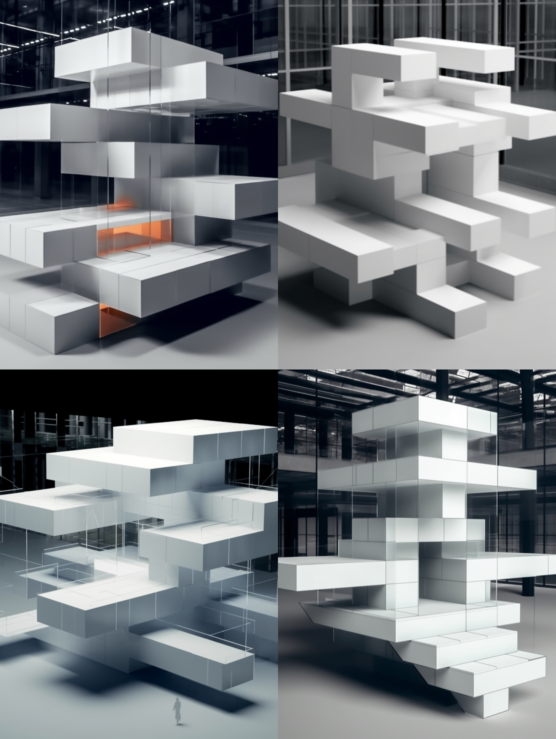 一个纯粹的室内建筑，体块结构，钢架，带楼梯，造型奇特，具有很强的艺术感和新颖的设计。人物在体块内活动，摄影，电影灯光，照片般的真实感，8k，最佳质量，高分辨率，类似集装箱，小单元体块，现代设计，几何构图，冷色调，宽广镜头，自然光，放松状态，清新。