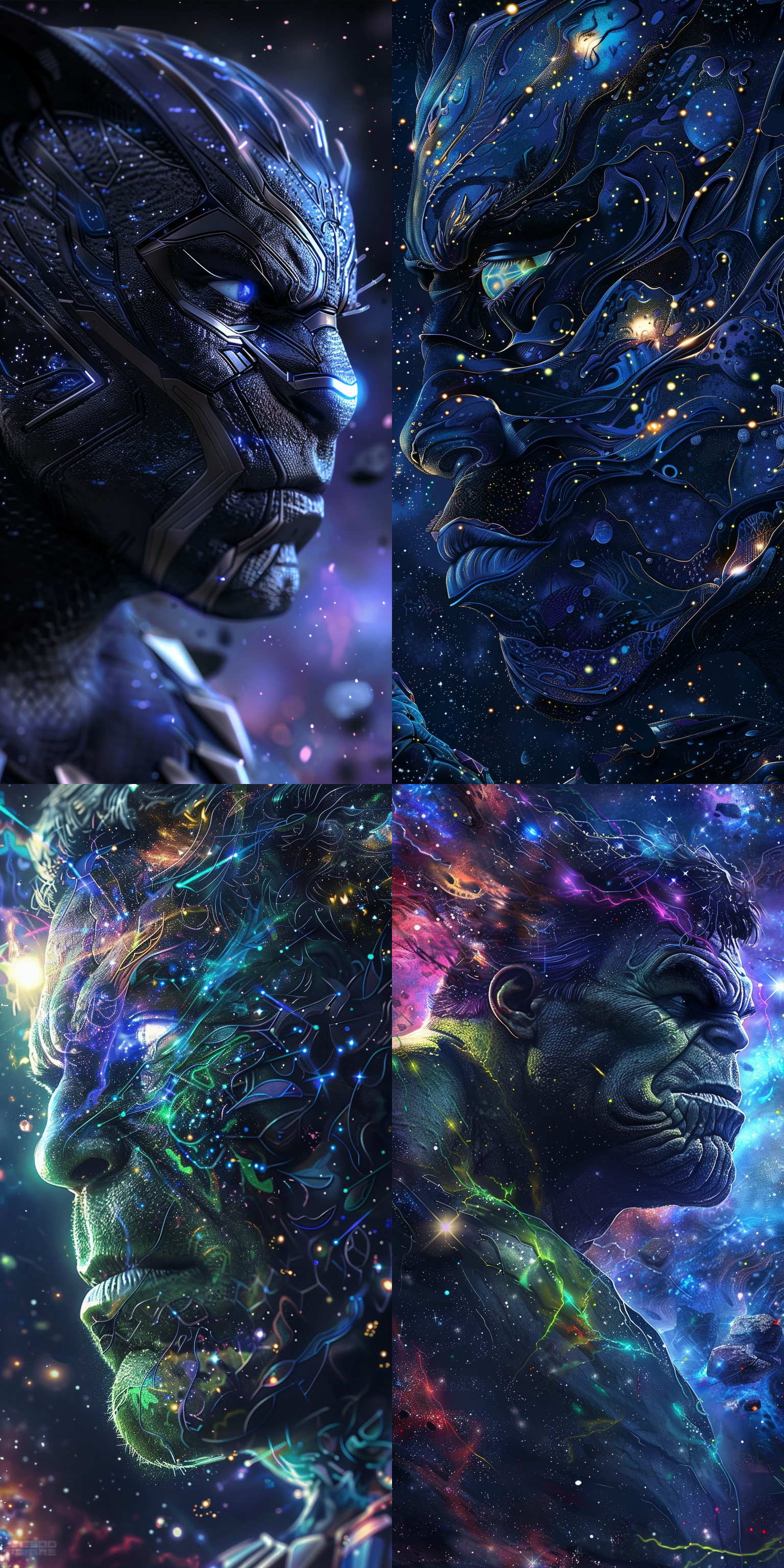 extremely detailed fantasy illustrations, a close up portrait of a superhero hulk and a black panther personified fusion, outlined in starlight, celestial bodies, and complex fine line details, in the style of eiichiro oda, full of vitality, vividness, cinematography, focus on clarity, no blur, and emphasis on details, in 3d, hdr, hdr, in the style of naoto hattori and artgem, as well as in the style of pixar ，stylized 250