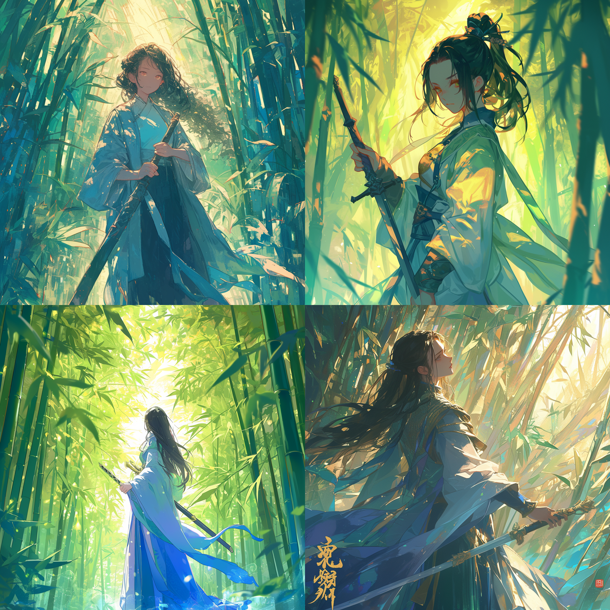 中国风二次元图片，画面中央是一位少女，穿着古风服饰，身姿挺拔。她站在一片绿色的竹林中，阳光透过树叶洒在她身上，形成斑驳的光影。她的表情坚定而自信，手持剑指向天空。整个画面以青色和金色为主调，传达出坚持和追求真理的力量。 中国风, 二次元, 竹林, 古风服饰, 阳光, 光影, 坚定, 自信, 剑, 青色, 金色, 力量。