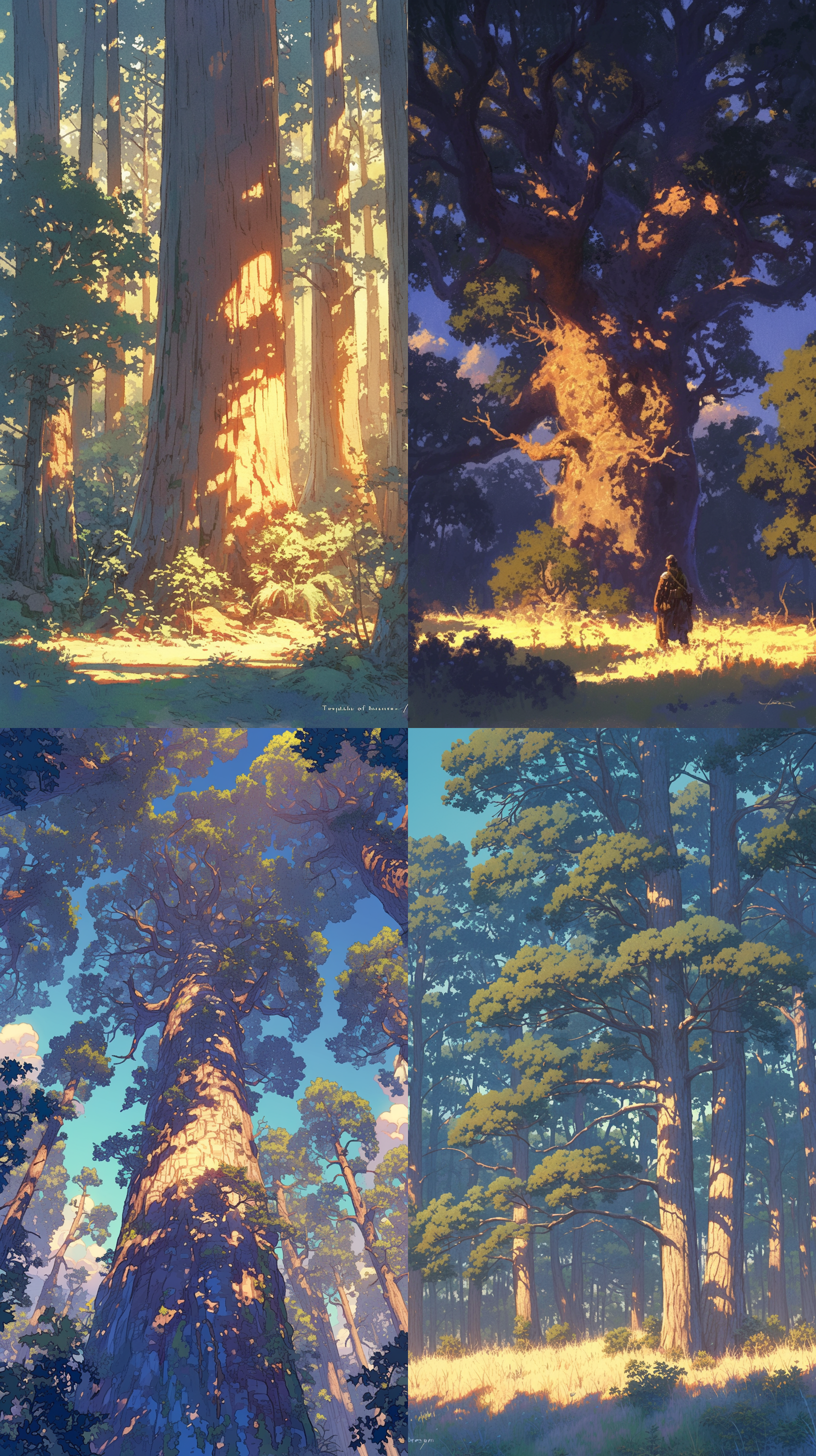 参天大树，森林中，日落，逆光，巨大树干，细节纹理，自然色调，宁静，孤独，树影。