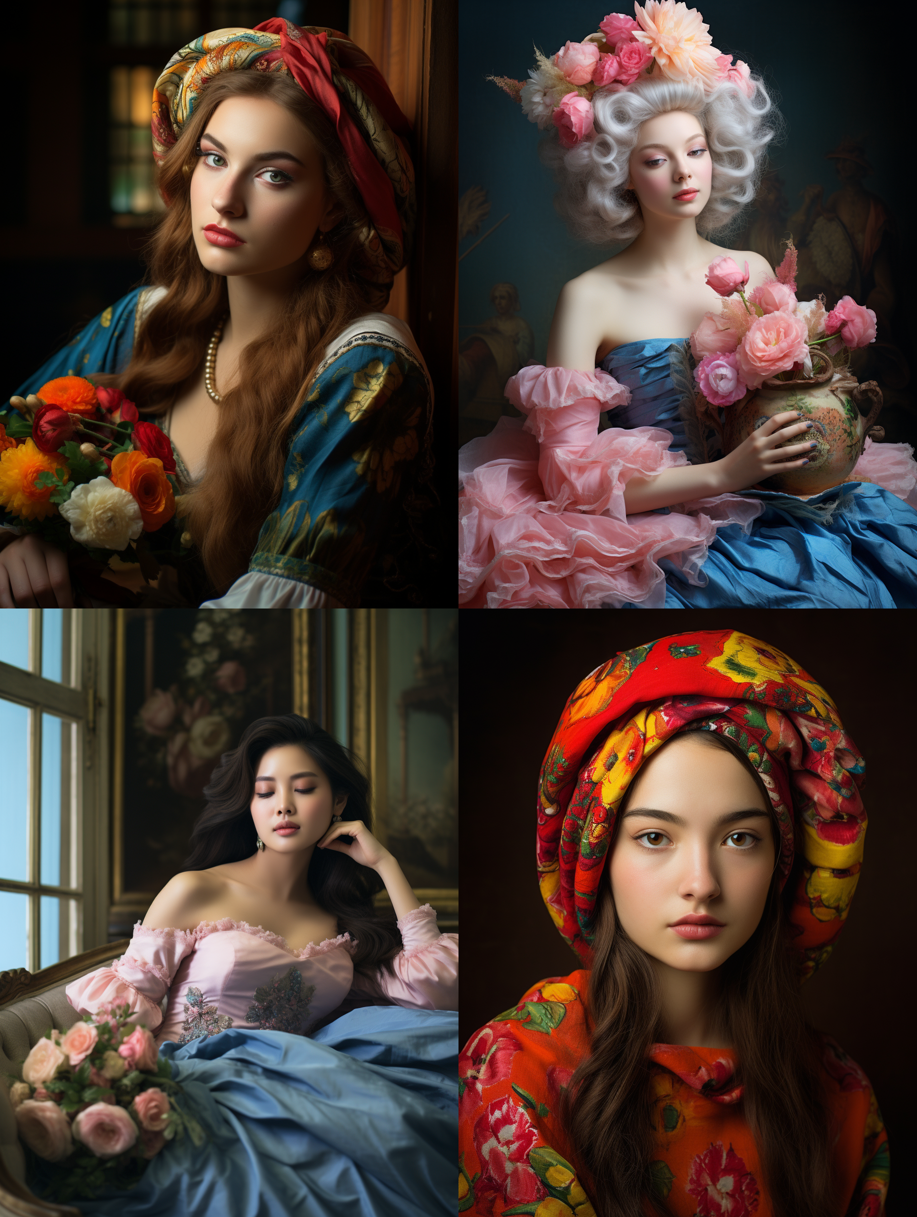 室内拍摄，明亮色调，模特穿着古典服装，侧面肖像，柔和光线，中焦镜头，端庄表情，优雅动作，传统元素，油画效果，温暖情感