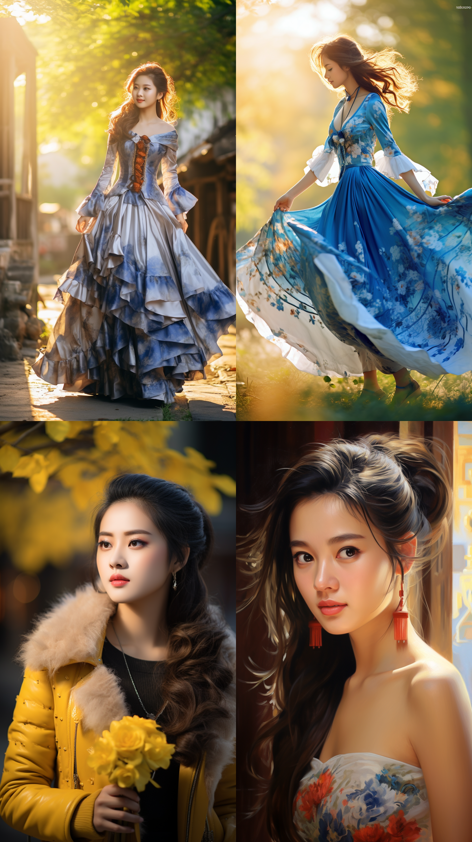 室外拍摄，明亮色调，中国模特穿着古典服装，侧面肖像，柔和光线，中焦镜头，端庄表情，优雅动作，传统元素，油画效果，温暖情感