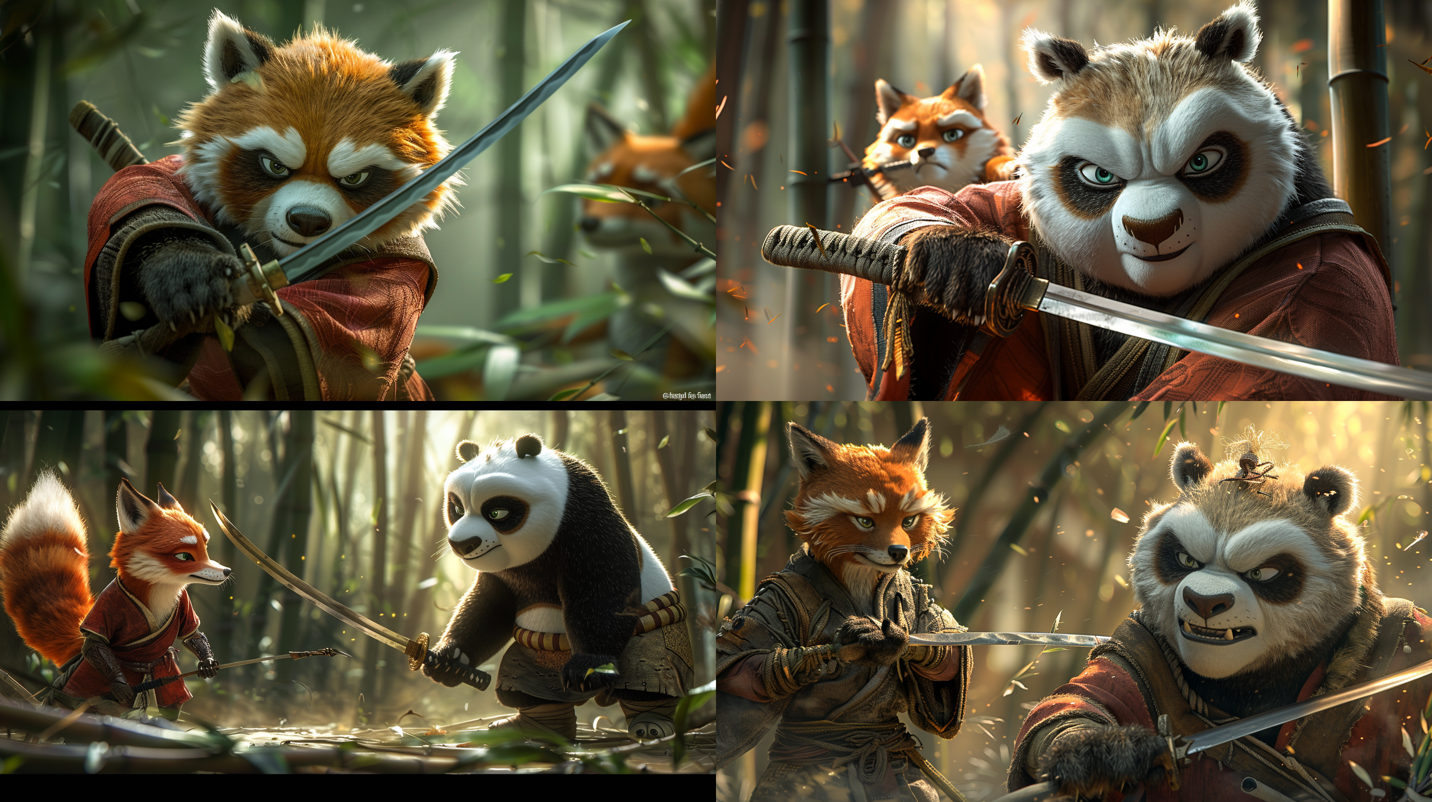 within the bamboo forest, a kung fu panda stands, gripping a sword, appearing behind a fox about to chop bamboo. the panda exudes a sense of martial arts prowess, ready for action. the panda’s fur is fluffy, contrasting with the sleekness of the sword, under the dappled sunlight filtering through the thick canopy of bamboo leaves, creating shadows and light play. the fox’s expression is focused and determined, showcasing its intent to cut down the bamboo.