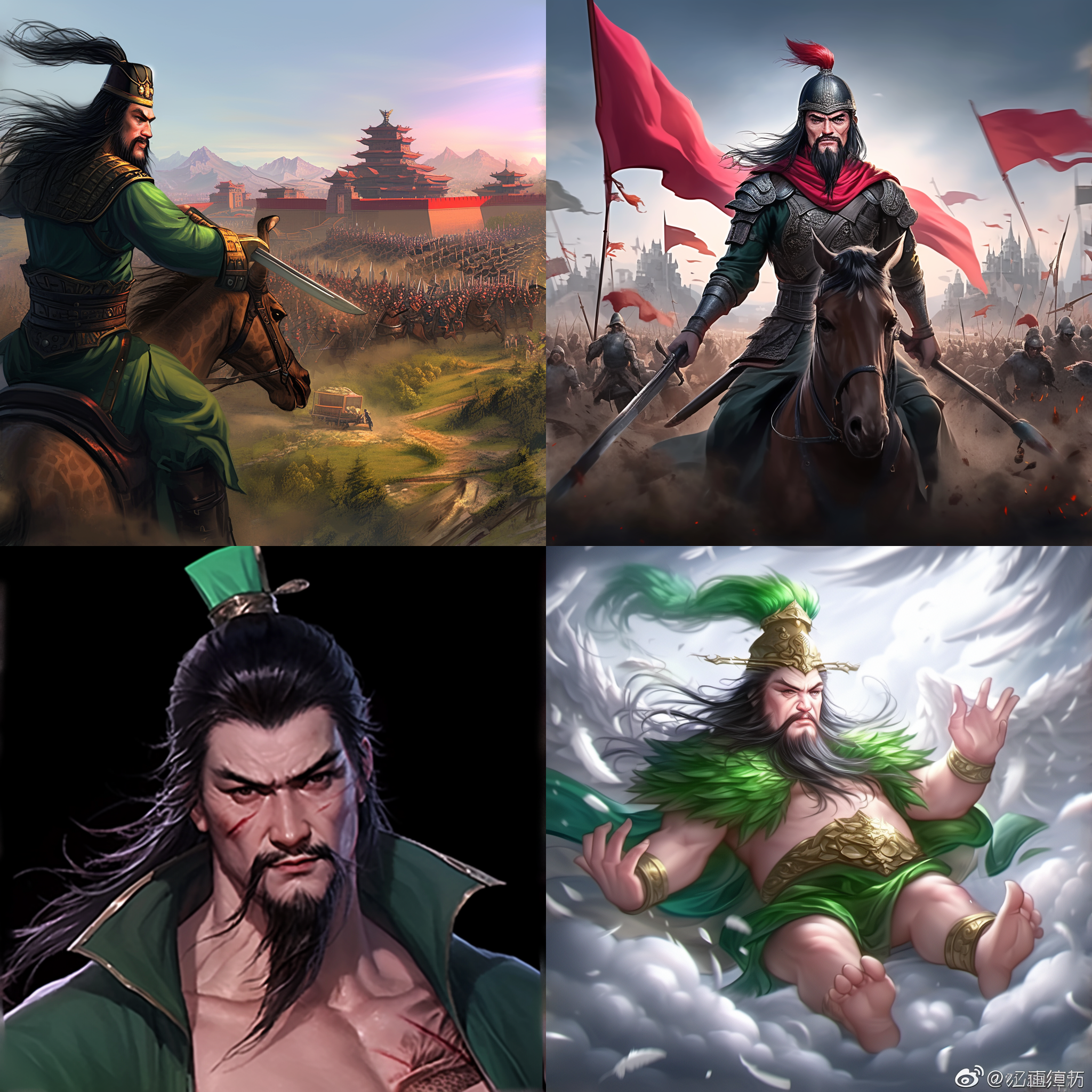 关羽身着绿色战袍，金色铠甲，骑的是雄性长颈鹿。右手握长柄偃月刀，左手托着金元宝，目光坚定。他不胖不瘦，大概30岁。威严，力量，决心。史诗风格，暖色调，全景视角，逆光，动作凝固，古代战士，英雄。