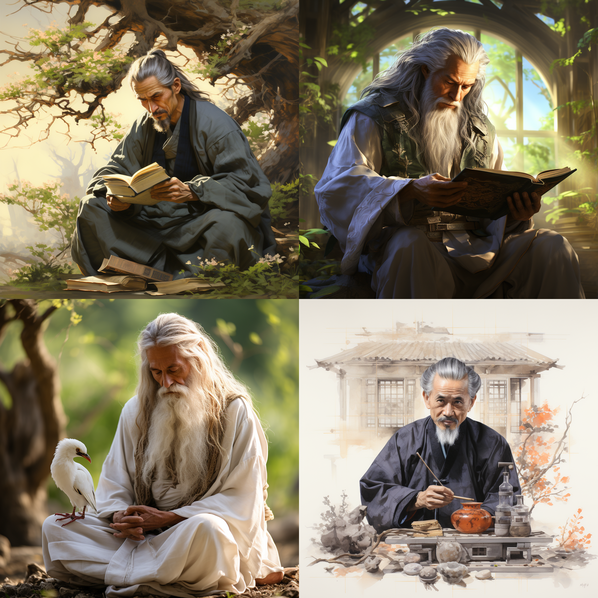 老子古風，白髮飄揚，手拉青牛，萬卷書，蒼柏古道，天宮玉宇，白鶴翱翔。山水畫風，長焦鏡頭，自然光，靜止，大氣色調，莊嚴，悠遠，智慧。