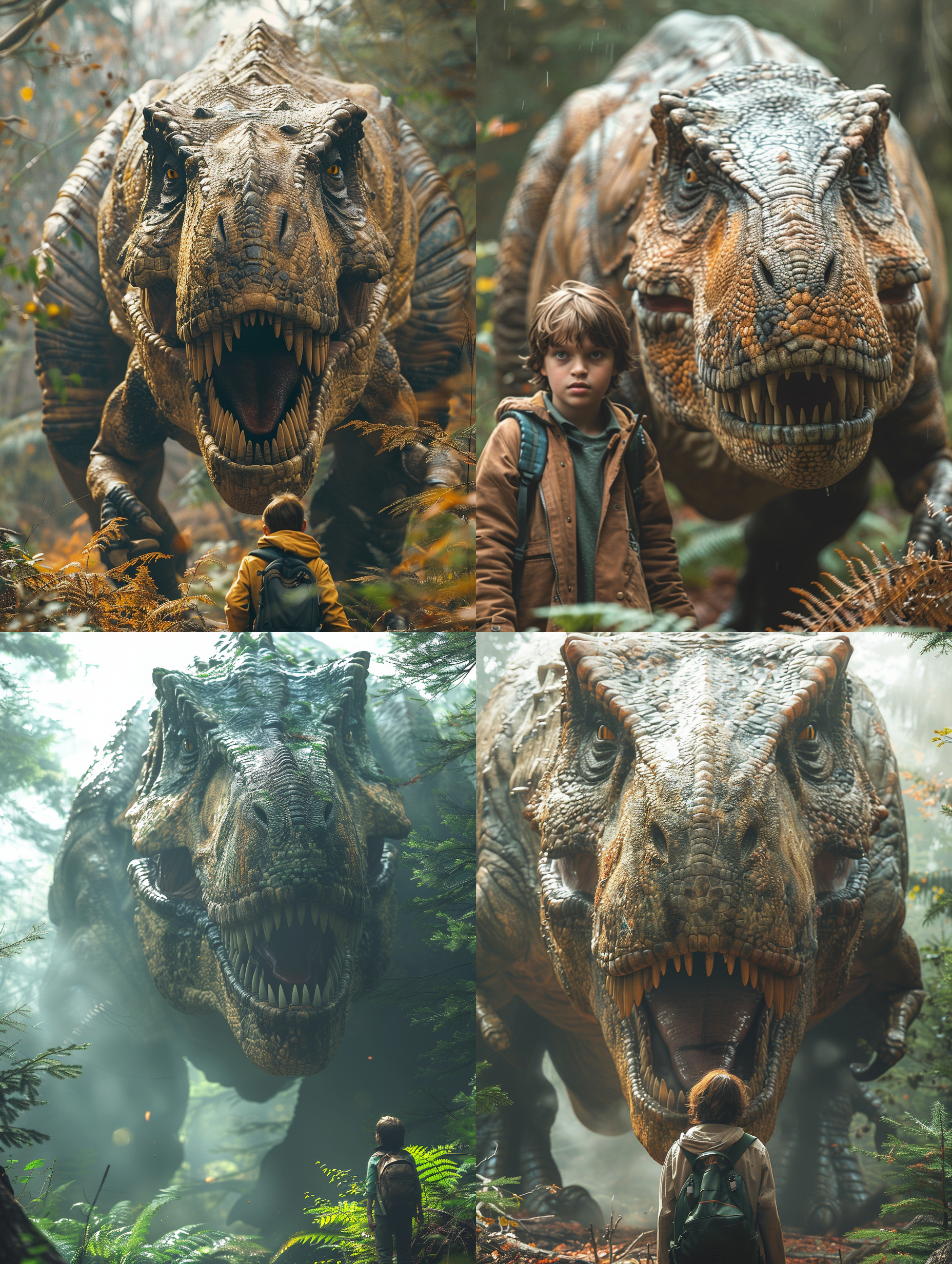 巨大霸王龙追逐男孩，原始森林，低角度视角，清晰细节，绿色植被，遥远景深，恐怖氛围，抓拍，快门速度快，逃跑，紧张，生死一线。