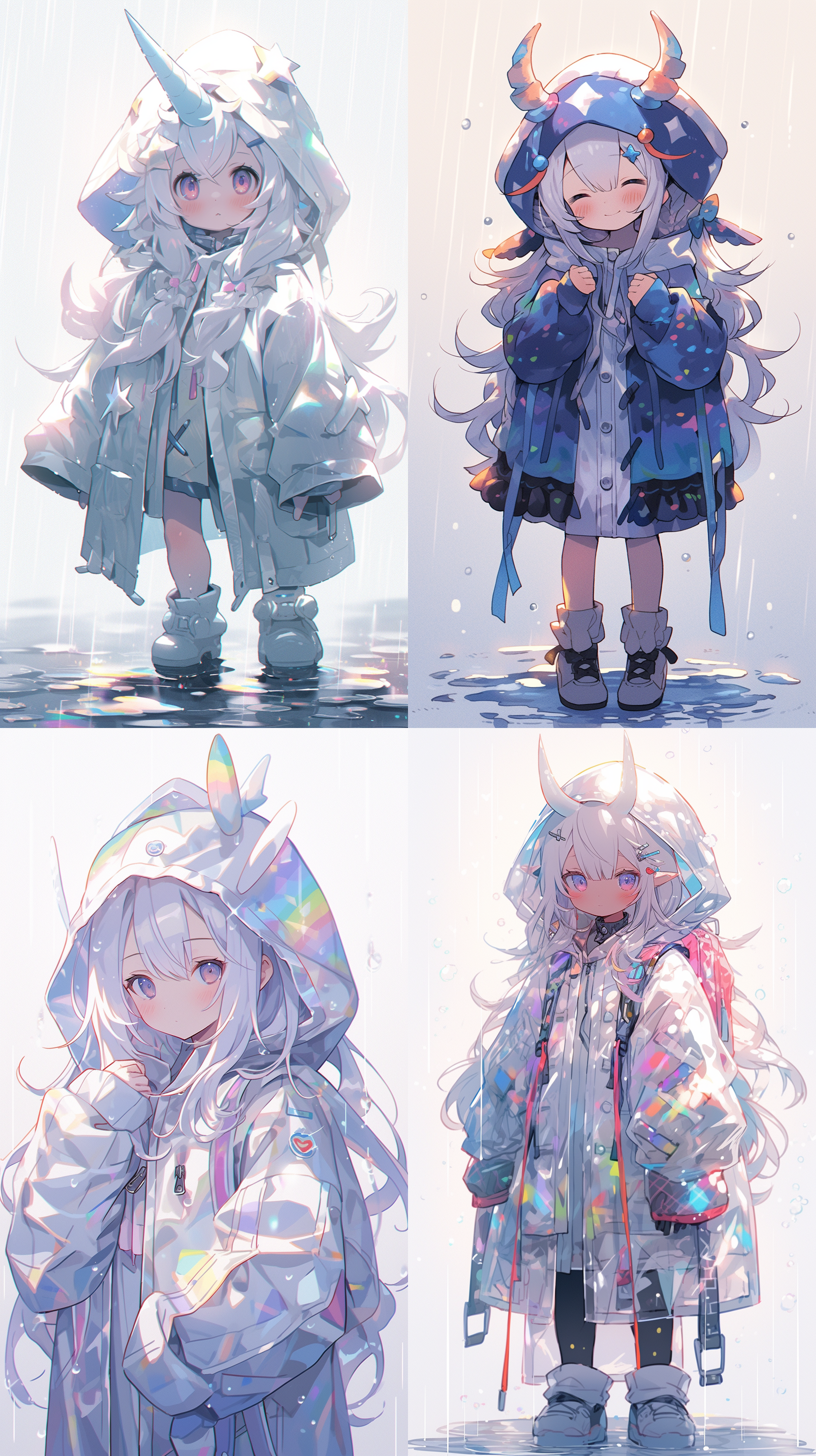 鹿角女孩，雨衣，彩虹，不透明薄膜，rgb，蓝紫色，彩虹雨衣，浅紫色，干净背景，全身，肖像模式，柔和光线，微笑，温馨。