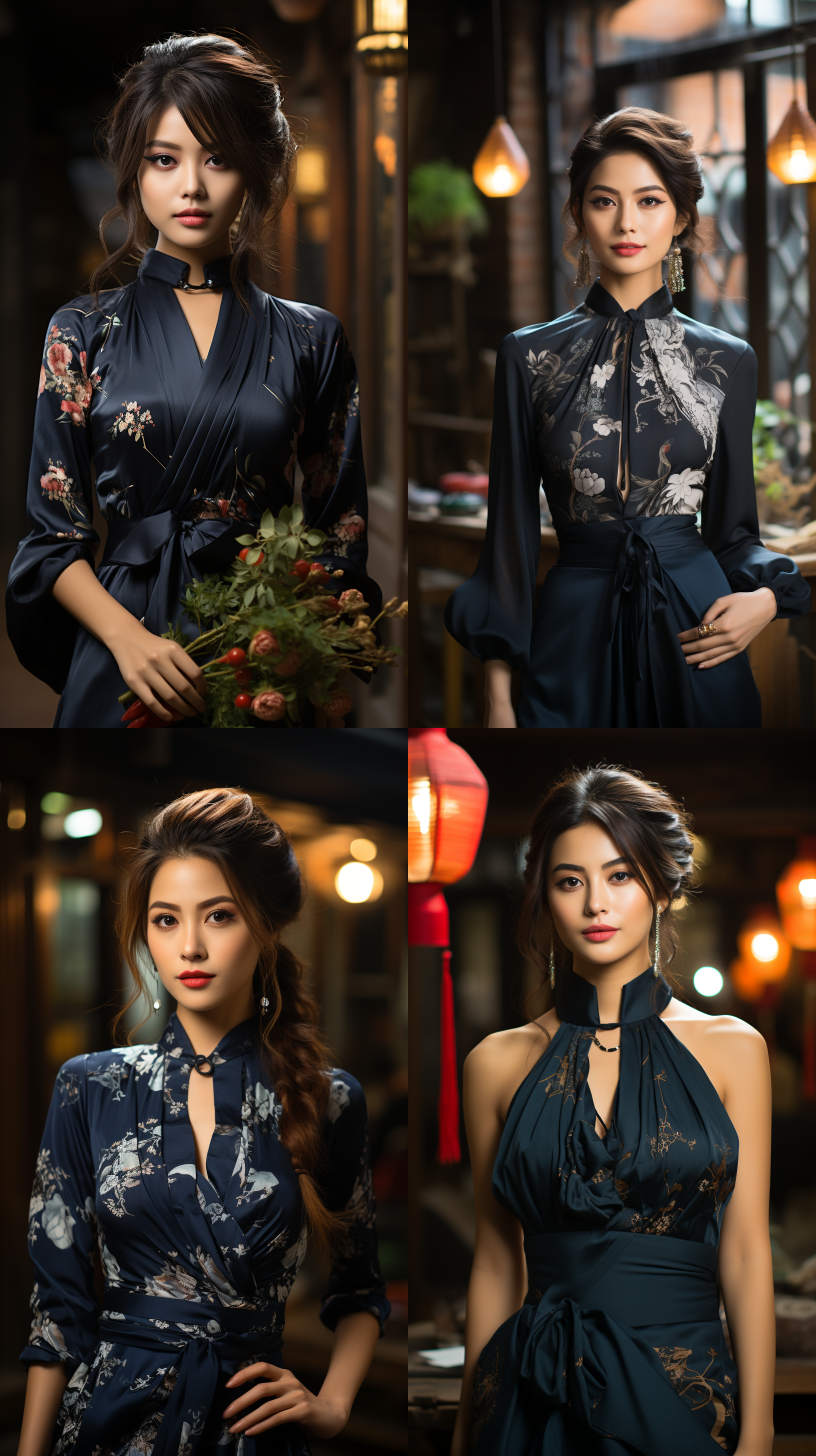 服装秀，中国女孩，20岁，端庄，高雅，藏青色旗袍，室外，红砖墙古建筑，柔和光线