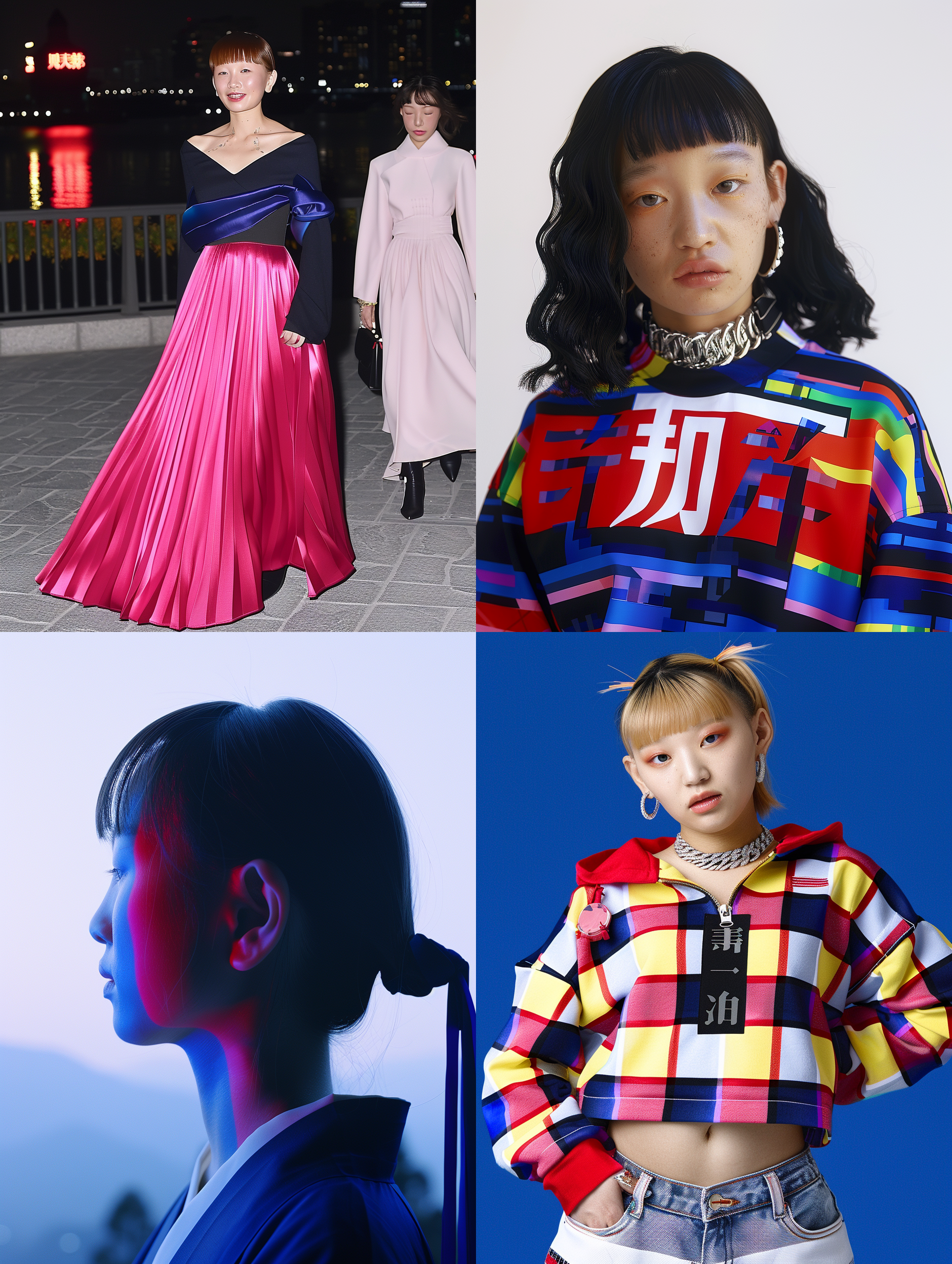 高端定制服装，时尚模特，城市天际线，霓虹灯光，逆光拍摄，长焦镜头，奢华风格，自信微笑，华丽色彩，夜晚氛围，流畅动作，时尚潮流。