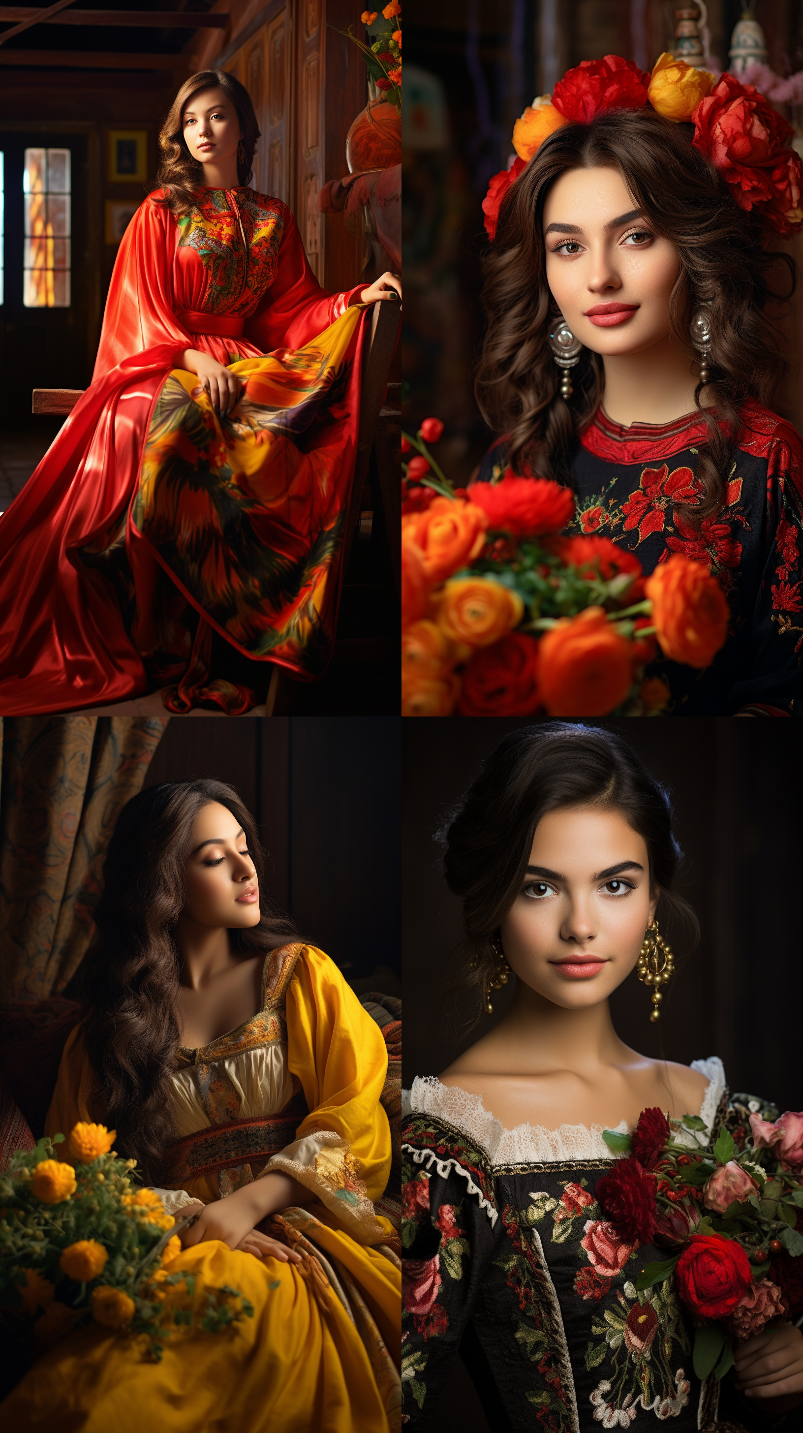 室内拍摄，明亮色调，模特穿着古典服装，侧面肖像，柔和光线，中焦镜头，端庄表情，优雅动作，传统元素，油画效果，温暖情感