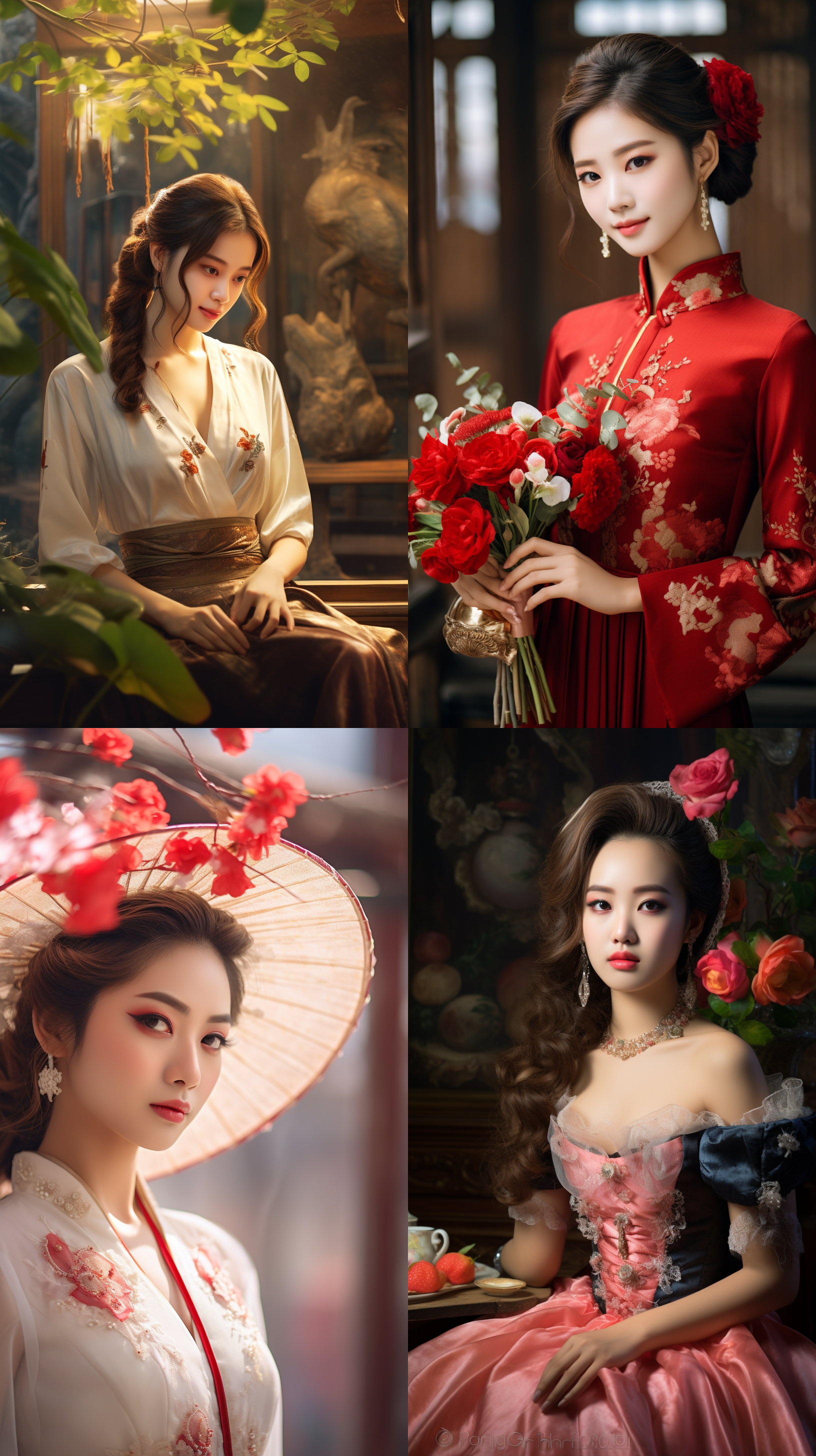 室外拍摄，明亮色调，中国模特穿着古典服装，侧面肖像，柔和光线，中焦镜头，端庄表情，优雅动作，传统元素，油画效果，温暖情感