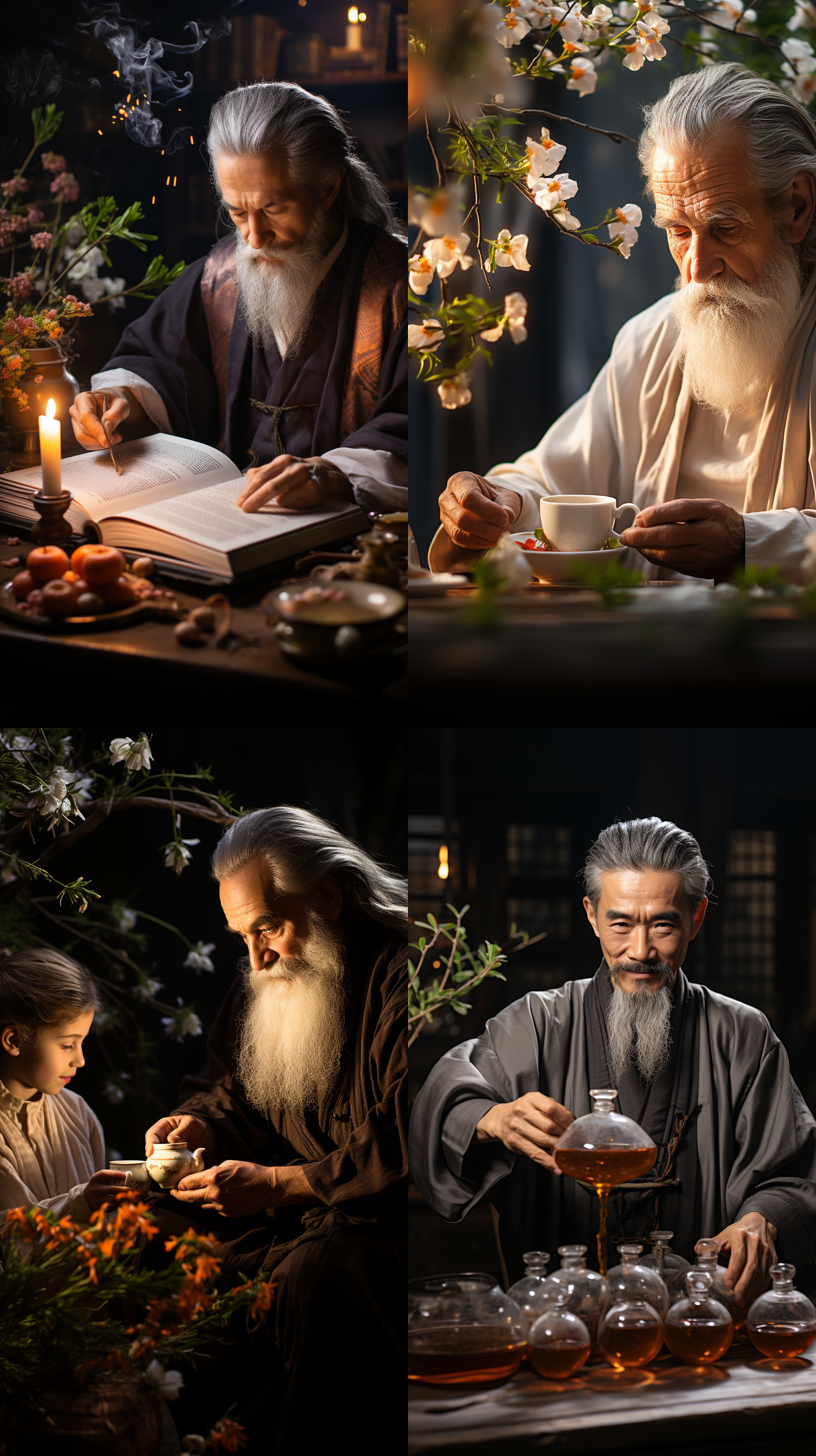 唐朝老人喝茶，古风唯美，白发白胡子，优雅茶圣陆羽，茶桌茶杯茶书，中景构图，暖色调，传统服饰，细腻表情，微笑，侧光，静态。,