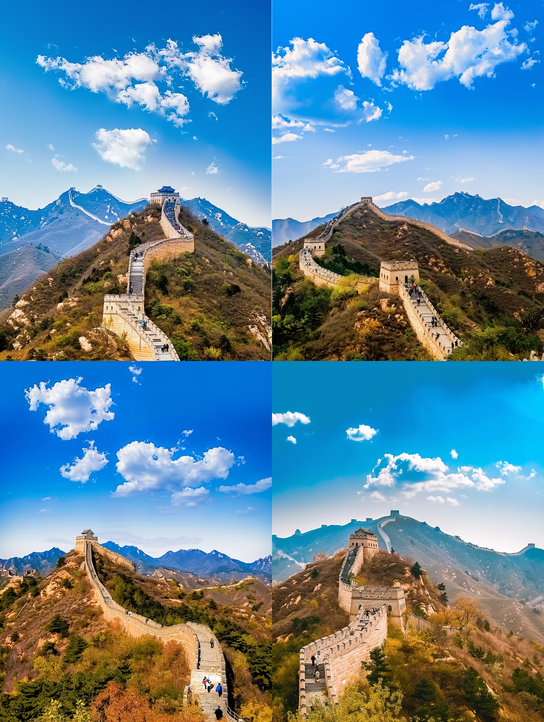 八达岭长城，雄伟壮丽，山脉背景，蓝天白云，远景构图，中焦镜头，自然光，静态，画面细腻，有质感。