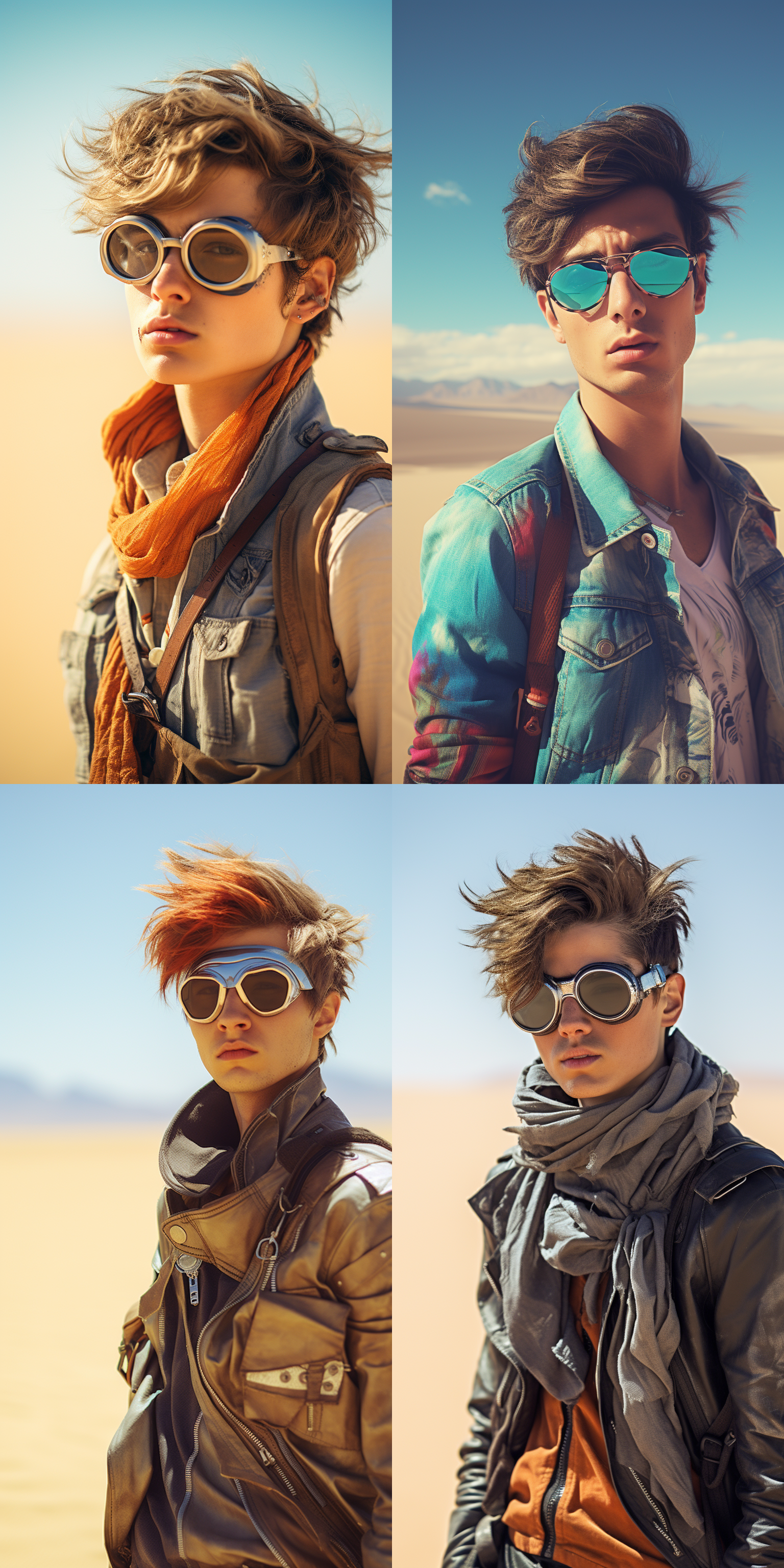 废土风格，摄影大赛，超帅男生(高级精致的面容 id)，短发，空气刘海发型，炫酷眼镜，废土穿搭，沙丘，色彩鲜艳，明亮的光线，正面视角，全身镜头，特写，超精细，超清晰度，超高分辨率，超高品质，超高质量，超高清，32k