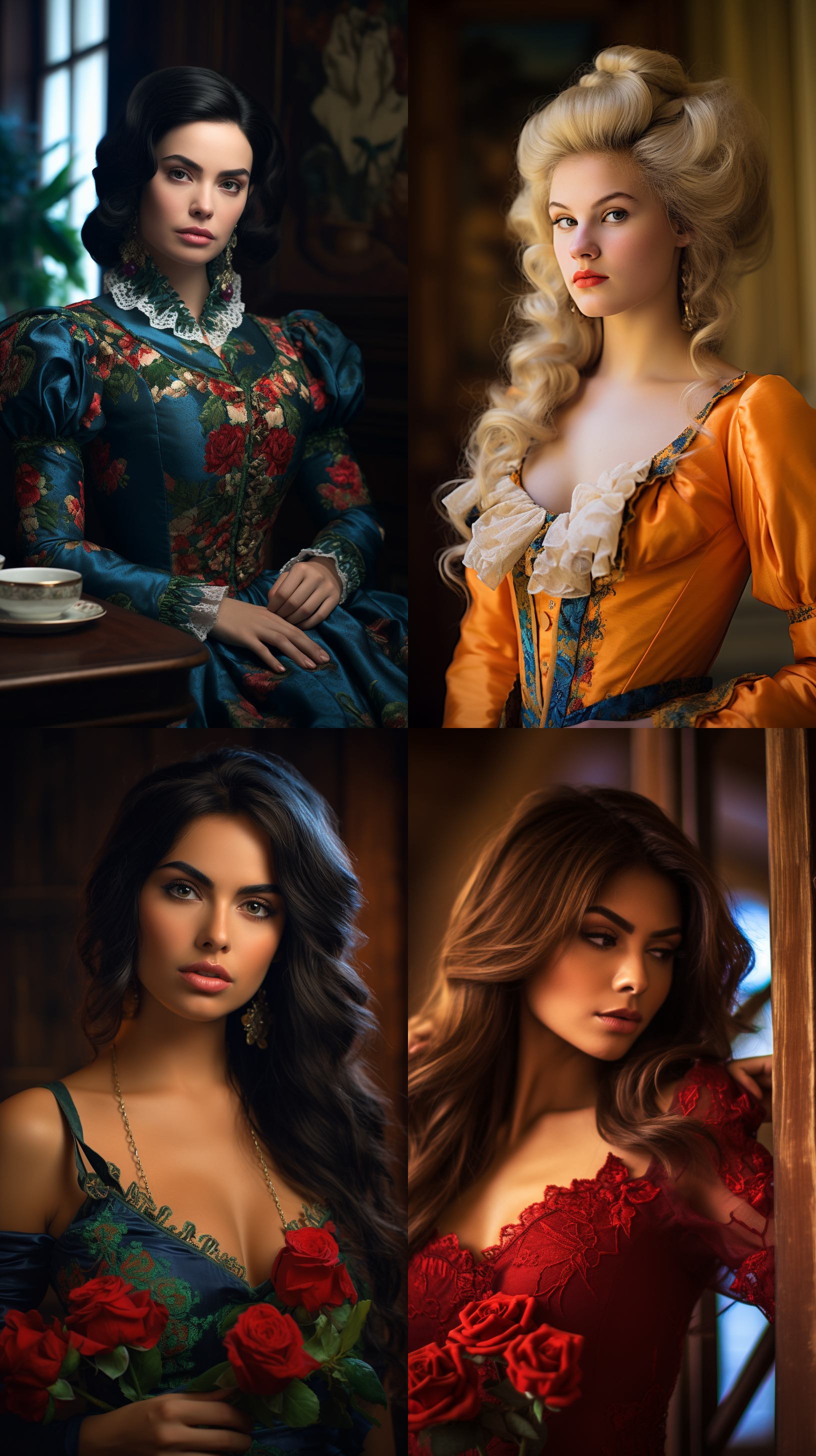 室内拍摄，明亮色调，模特穿着古典服装，侧面肖像，柔和光线，中焦镜头，端庄表情，优雅动作，传统元素，油画效果，温暖情感