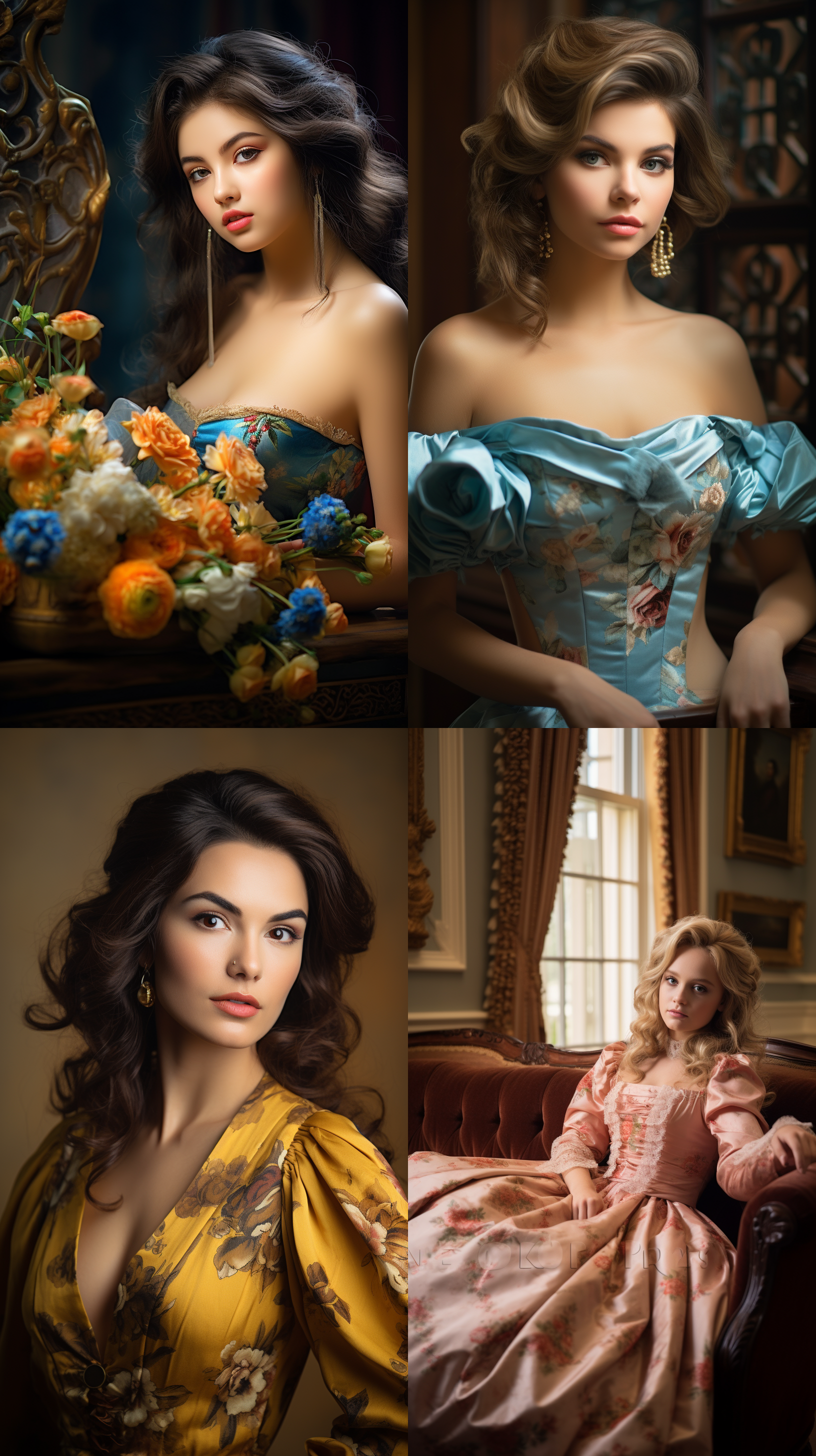 室内拍摄，明亮色调，模特穿着古典服装，侧面肖像，柔和光线，中焦镜头，端庄表情，优雅动作，传统元素，油画效果，温暖情感